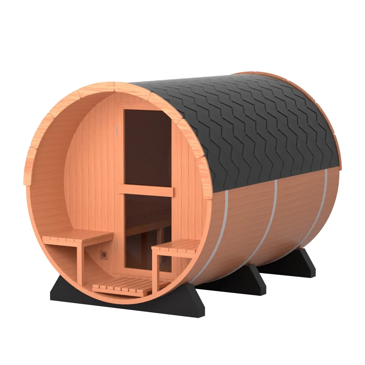 6 Person Outdoor Barrel Sauna with Front Porch, Patchwork Red Cedar Traditional Steam Barrel Sauna Kit with Outdoor Waterproof Tile and More HELIUS