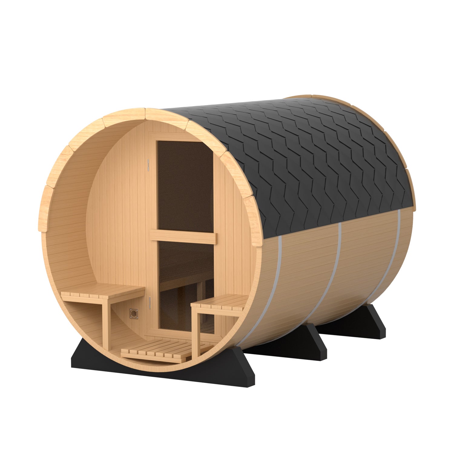 6 Person Outdoor Barrel Sauna with Front Porch, Canadian Hemlock Traditional Steam Barrel Sauna Kit with Outdoor Waterproof Tile, Lava Rocks and More HELIUS