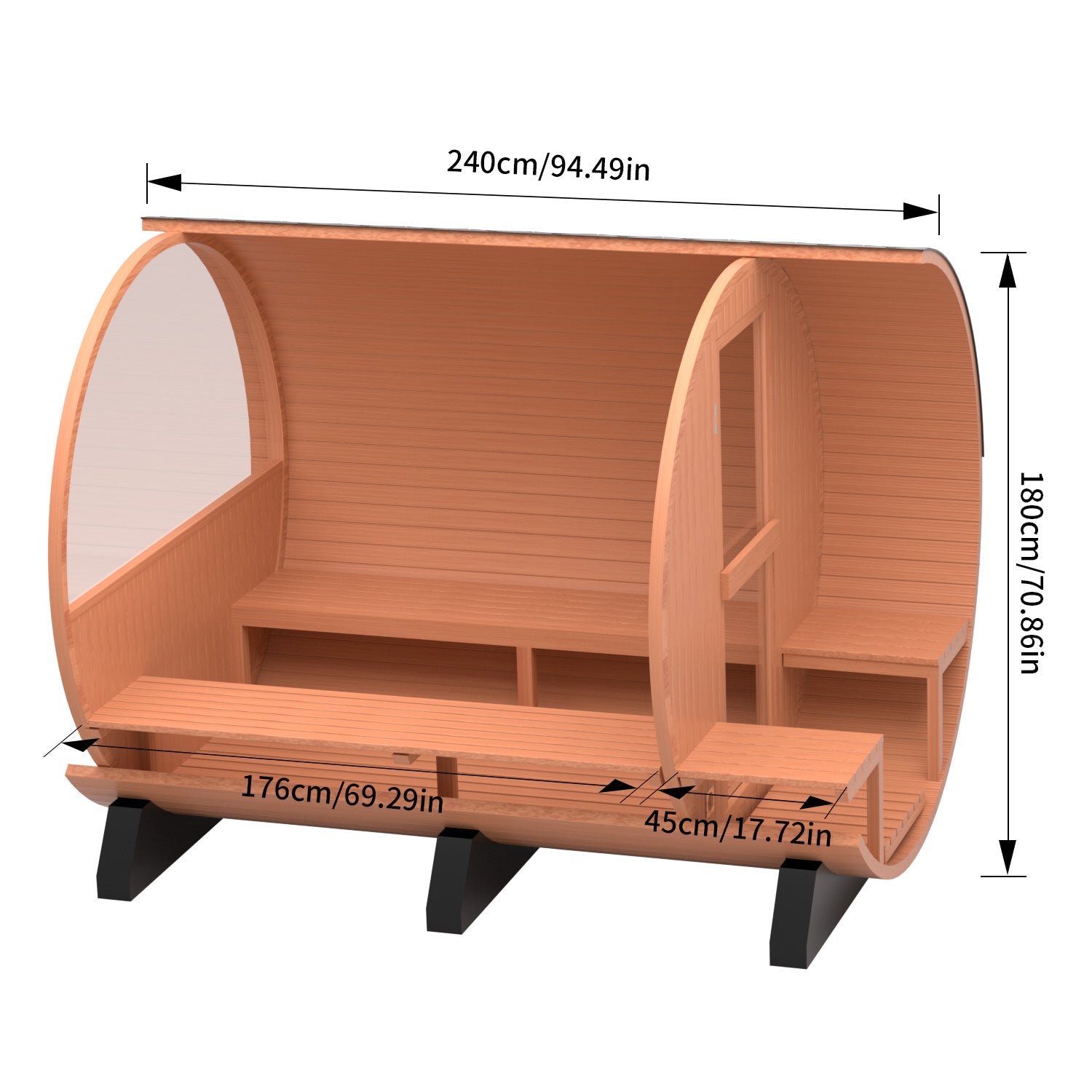 6 Person Outdoor Barrel Sauna with Front Porch, Patchwork Red Cedar Traditional Steam Barrel Sauna Kit with Half-viewing Window HELIUS
