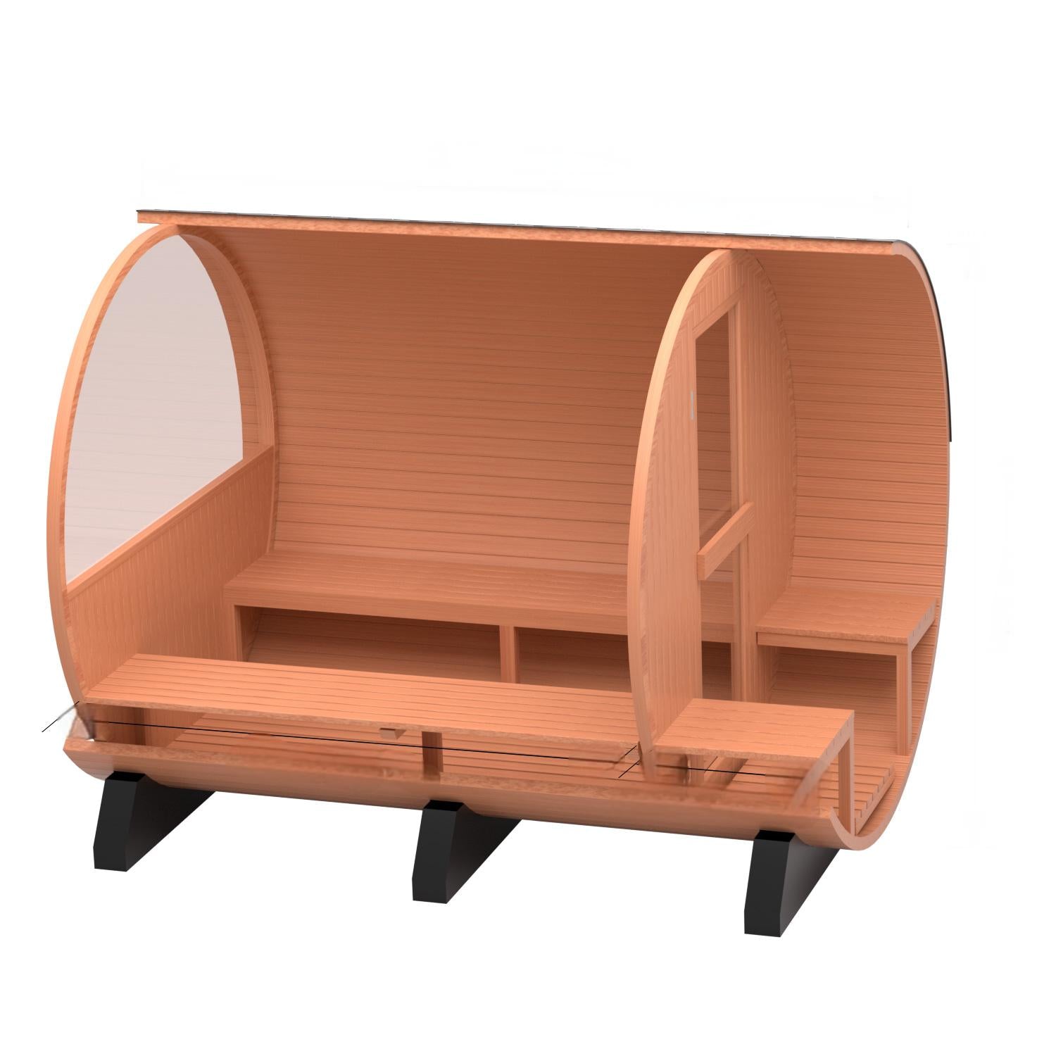 6 Person Outdoor Barrel Sauna with Front Porch, Patchwork Red Cedar Traditional Steam Barrel Sauna Kit with Half-viewing Window HELIUS