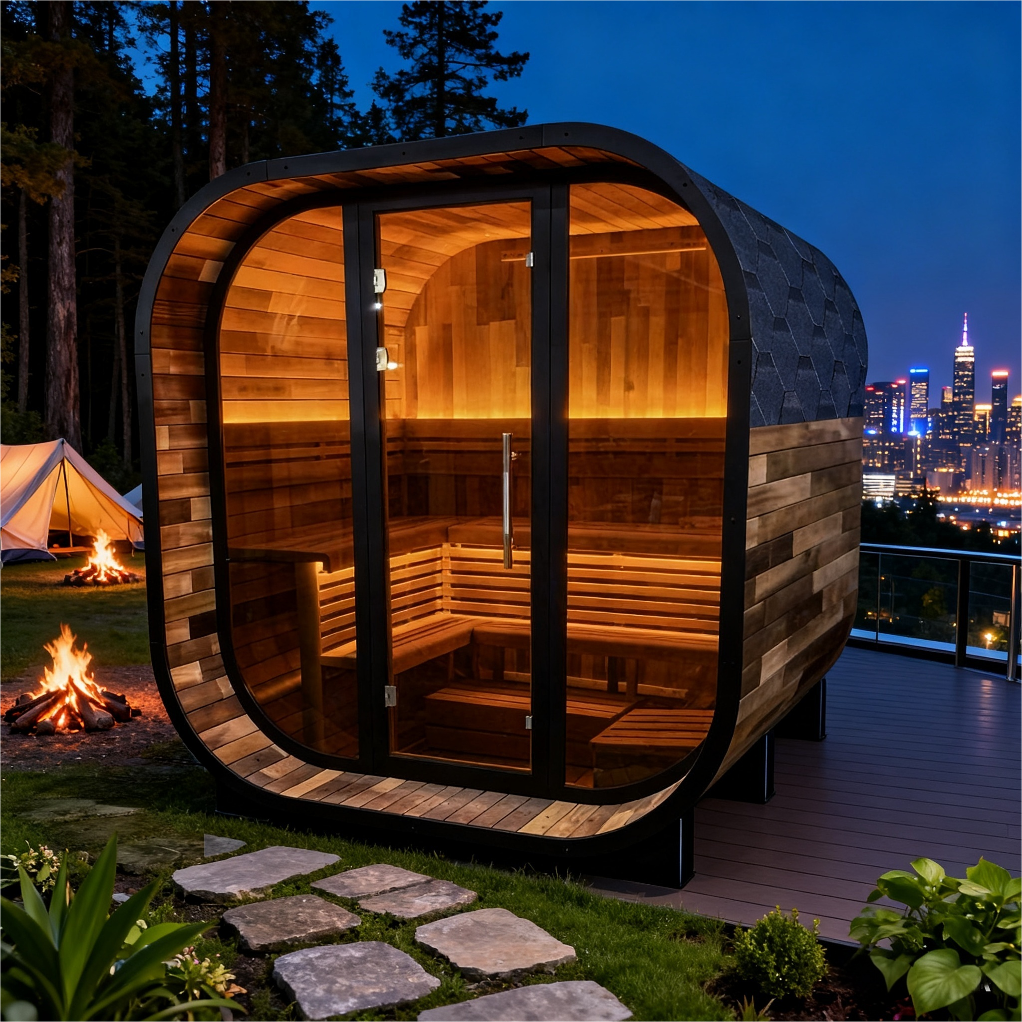 New 4-6 person Black Square Premium Patchwork Red Cedar Outdoor Sauna