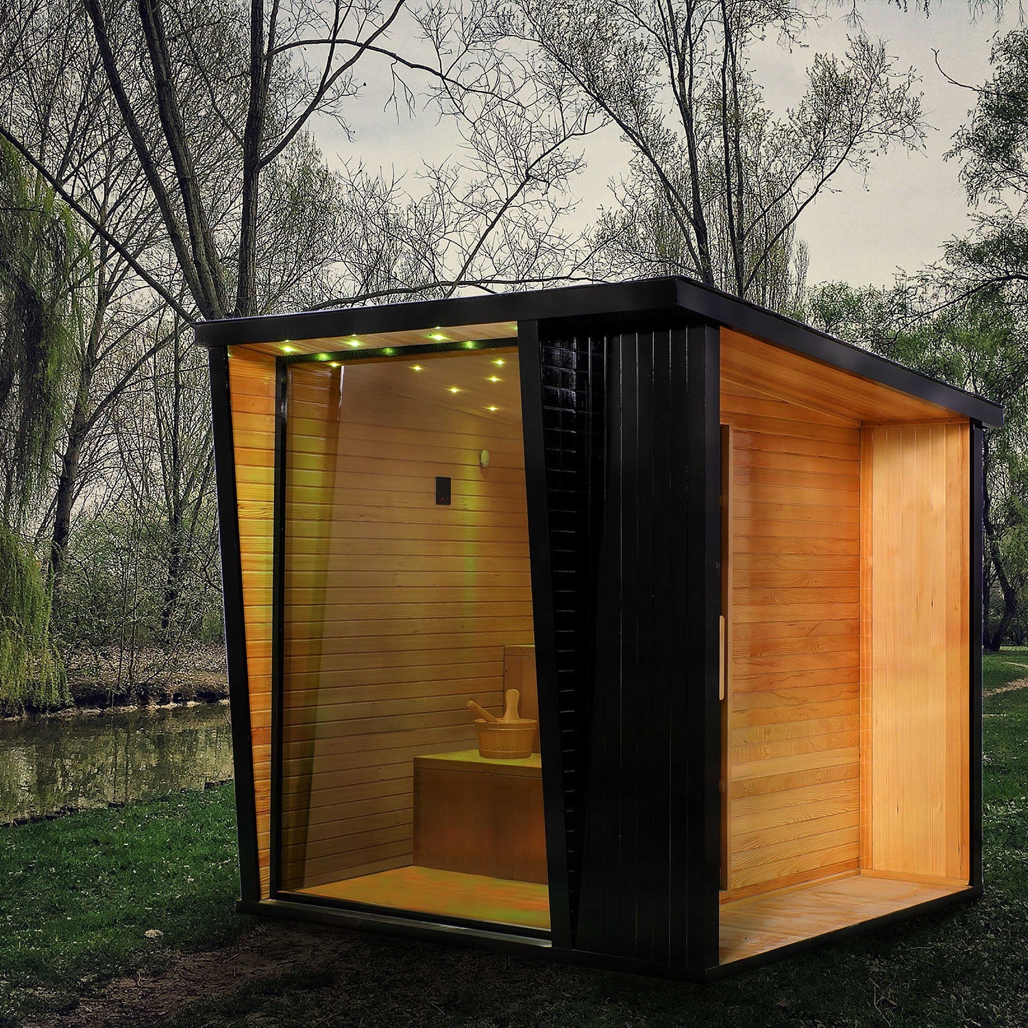 Outdoor Black Square Traditional Steam Sauna Cabin | Classic Canadian Hemlock Wood Detox Experience HELIUS