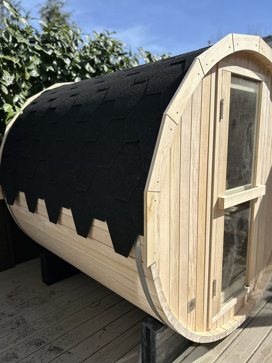 4 Person Outdoor Barrel Sauna, Canadian Hemlock Traditional Steam Barrel Sauna Kit with Outdoor Waterproof Tile, Lava Rocks and More HELIUS