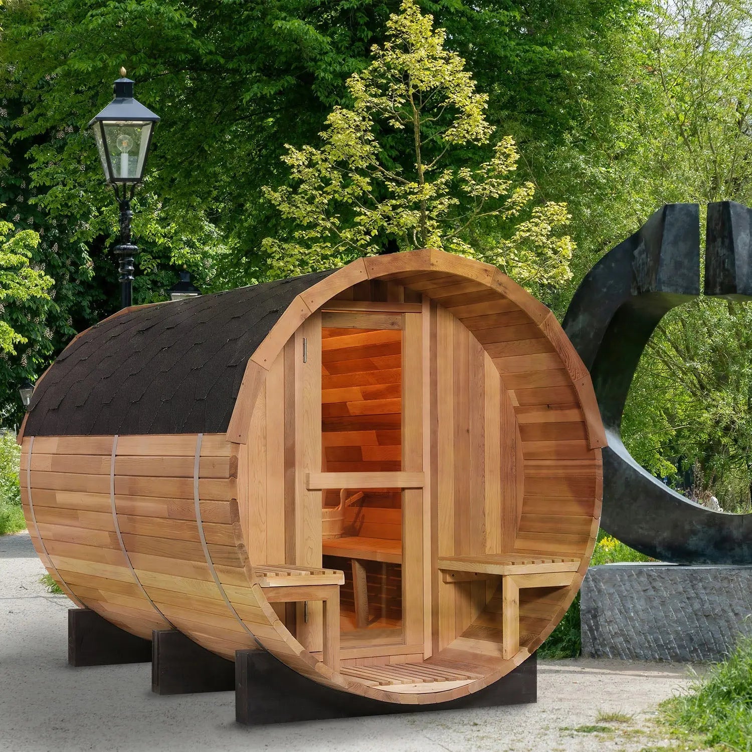 6 Person Outdoor Barrel Sauna with Front Porch, Patchwork Red Cedar Traditional Steam Barrel Sauna Kit with Outdoor Waterproof Tile and More HELIUS