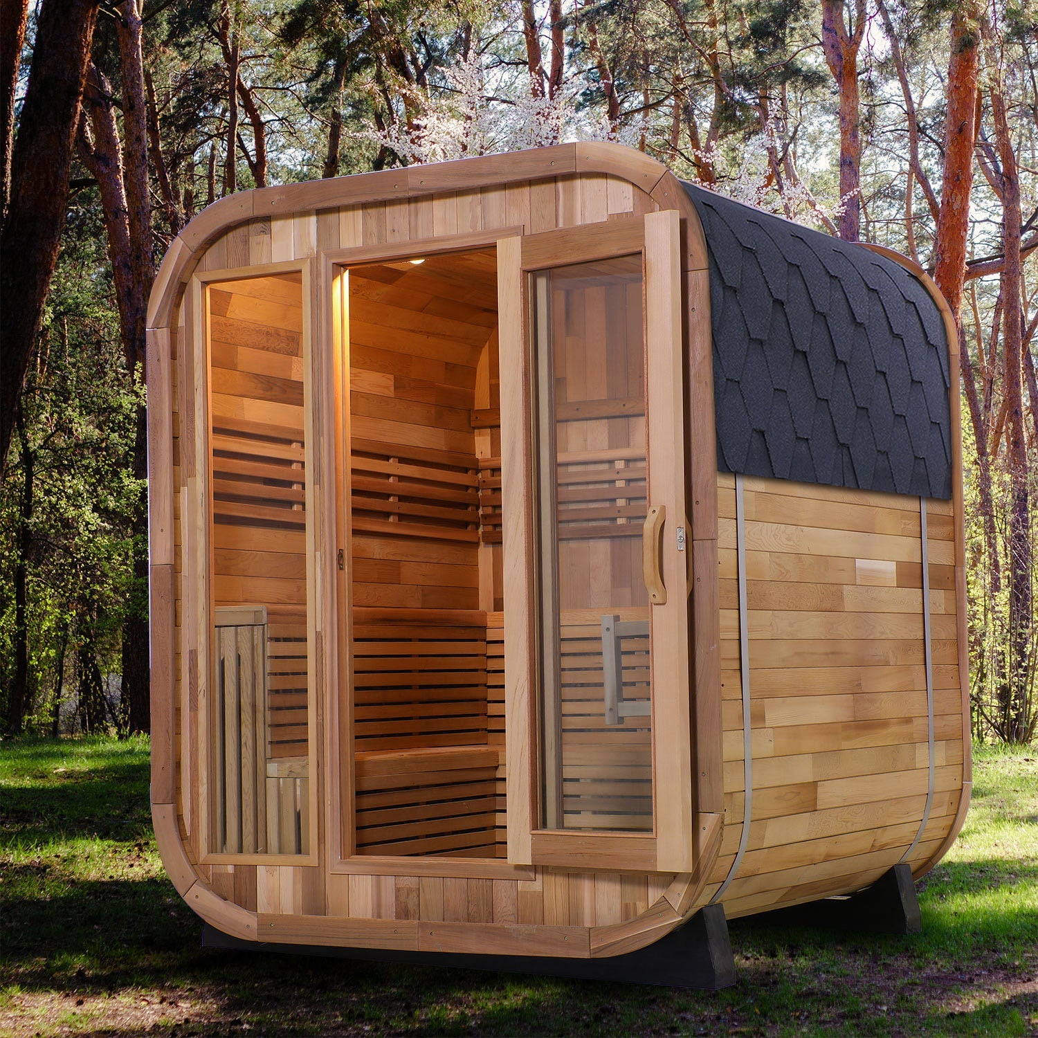 Outdoor Square Sauna, Patchwork Red Cedar Traditional Steam Sauna Kit with Outdoor Waterproof Tile and More HELIUS