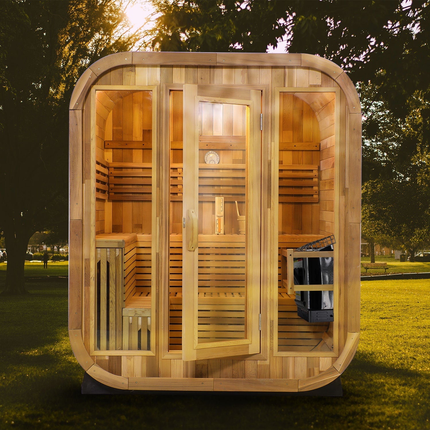 Outdoor Square Sauna, Patchwork Red Cedar Traditional Steam Sauna Kit with Outdoor Waterproof Tile and More HELIUS