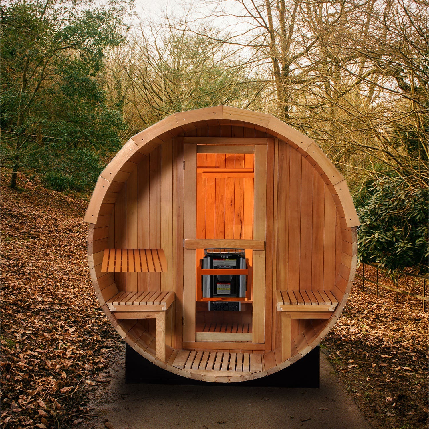 6 Person Outdoor Barrel Sauna with Front Porch, Canadian Hemlock Traditional Steam Barrel Sauna Kit with Outdoor Waterproof Tile, Lava Rocks and More HELIUS