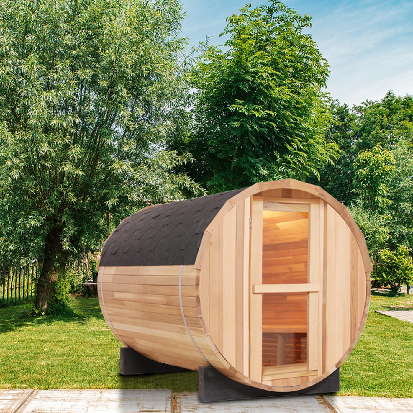 4 Person Outdoor Barrel Sauna, Patchwork Red Cedar Traditional Steam Barrel Sauna Kit with Outdoor Waterproof Tile and More HELIUS