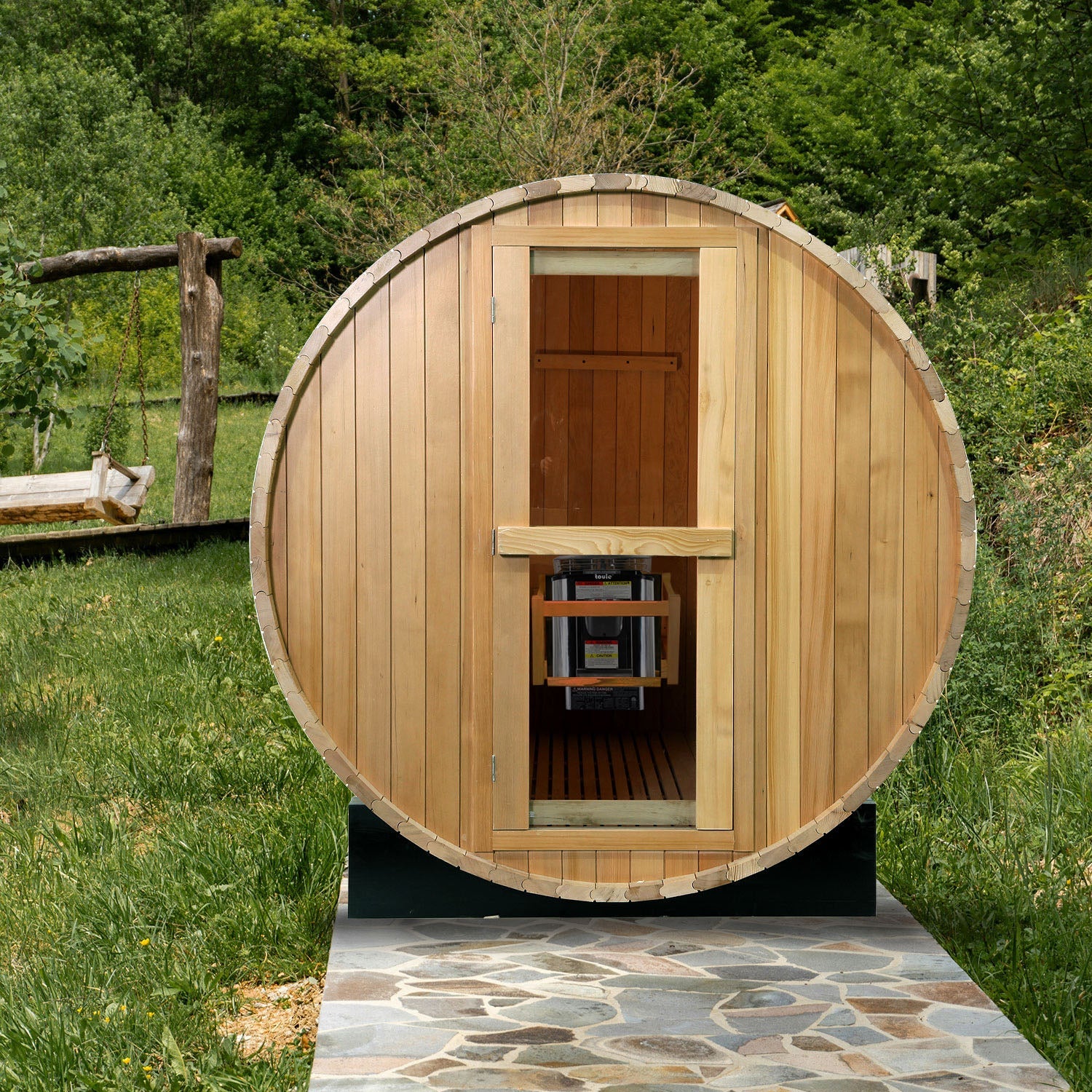 4 Person Outdoor Barrel Sauna, Canadian Hemlock Traditional Steam Barrel Sauna Kit with Outdoor Waterproof Tile, Lava Rocks and More HELIUS