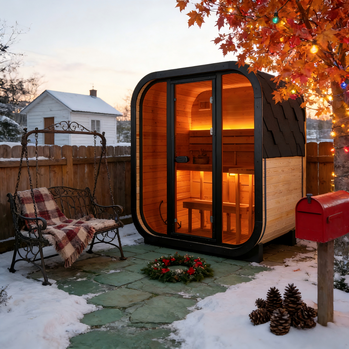 Traditional Outdoor Steam Sauna for 4 People – Thermo Spruce Wood, 6KW Heater, Tinted Glass Panels, Weather-Resistant Backyard Spa with LED Lighting