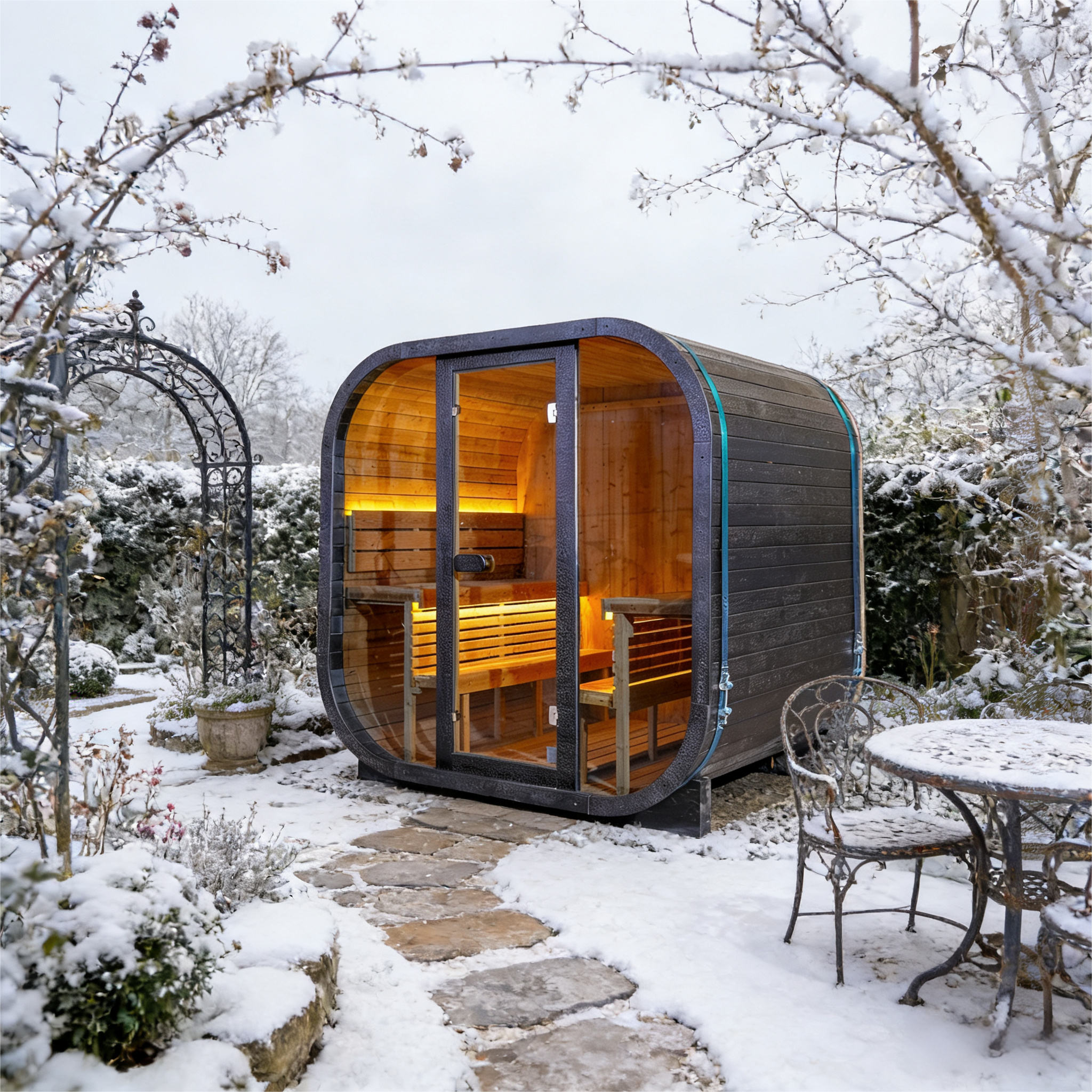 Black Outdoor Traditional Steam Sauna Square Carbonized Spruce Black Print with Textured Black Tempered Glass