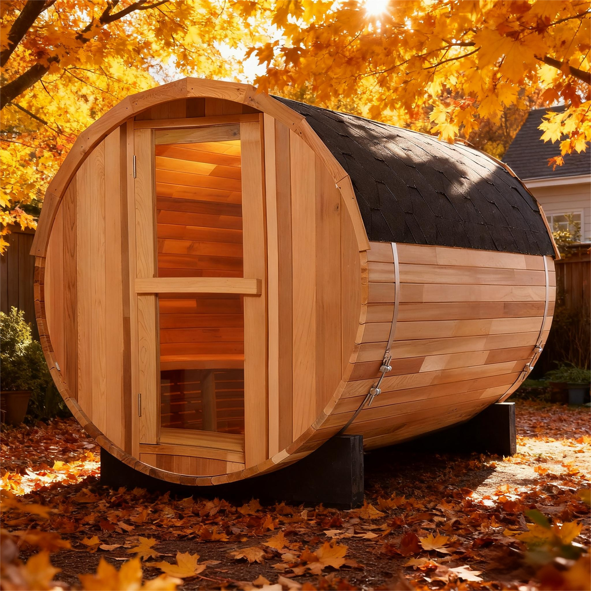 4 Person Outdoor Barrel Sauna, Patchwork Red Cedar Traditional Steam Barrel Sauna Kit with Outdoor Waterproof Tile and More