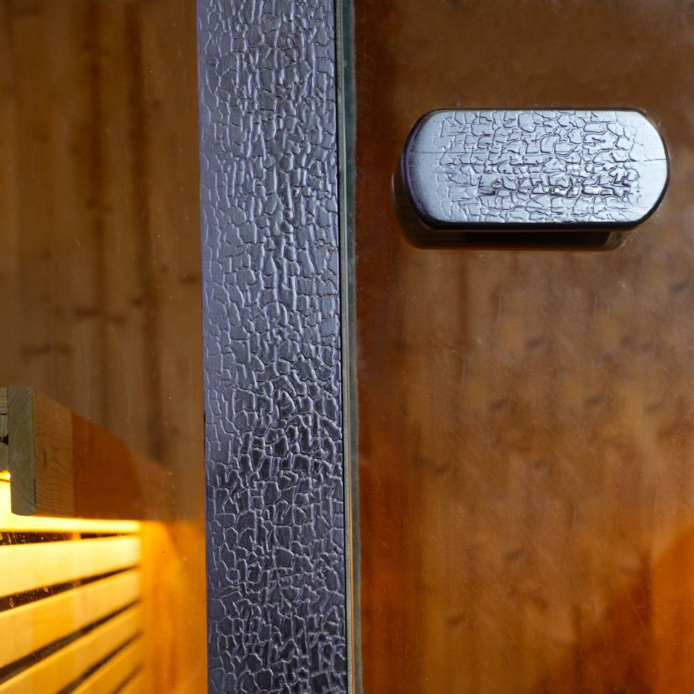 Black Outdoor Traditional Steam Sauna Square Carbonized Spruce Black Print with Textured Black Tempered Glass