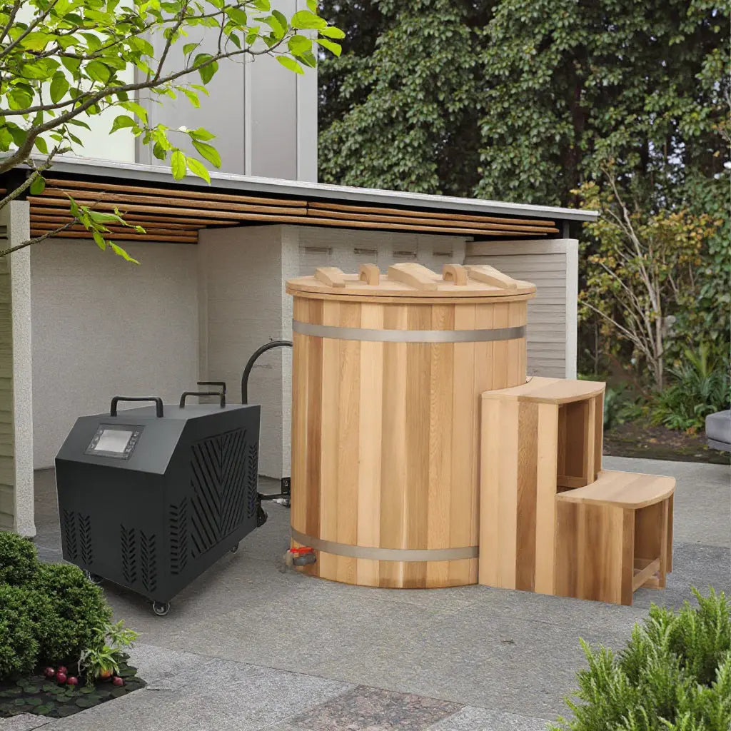 Round Red Cedar Cold Plunge Tub, Cold Plunge Barrel for Human Cryotherapy, Spa & Muscle Recovery – Natural Wood Wellness Design HELIUS