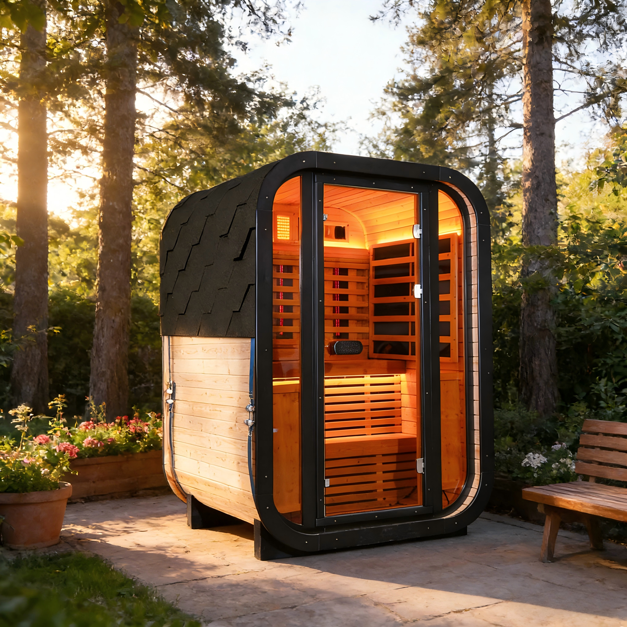 Outdoor Far Infrared Sauna – Carbonized Spruce Wood, Dark Tea-Tinted Glass, Far Infrared Heating Panels, LED Lights, Weather-Resistant Design for Patio, Garden