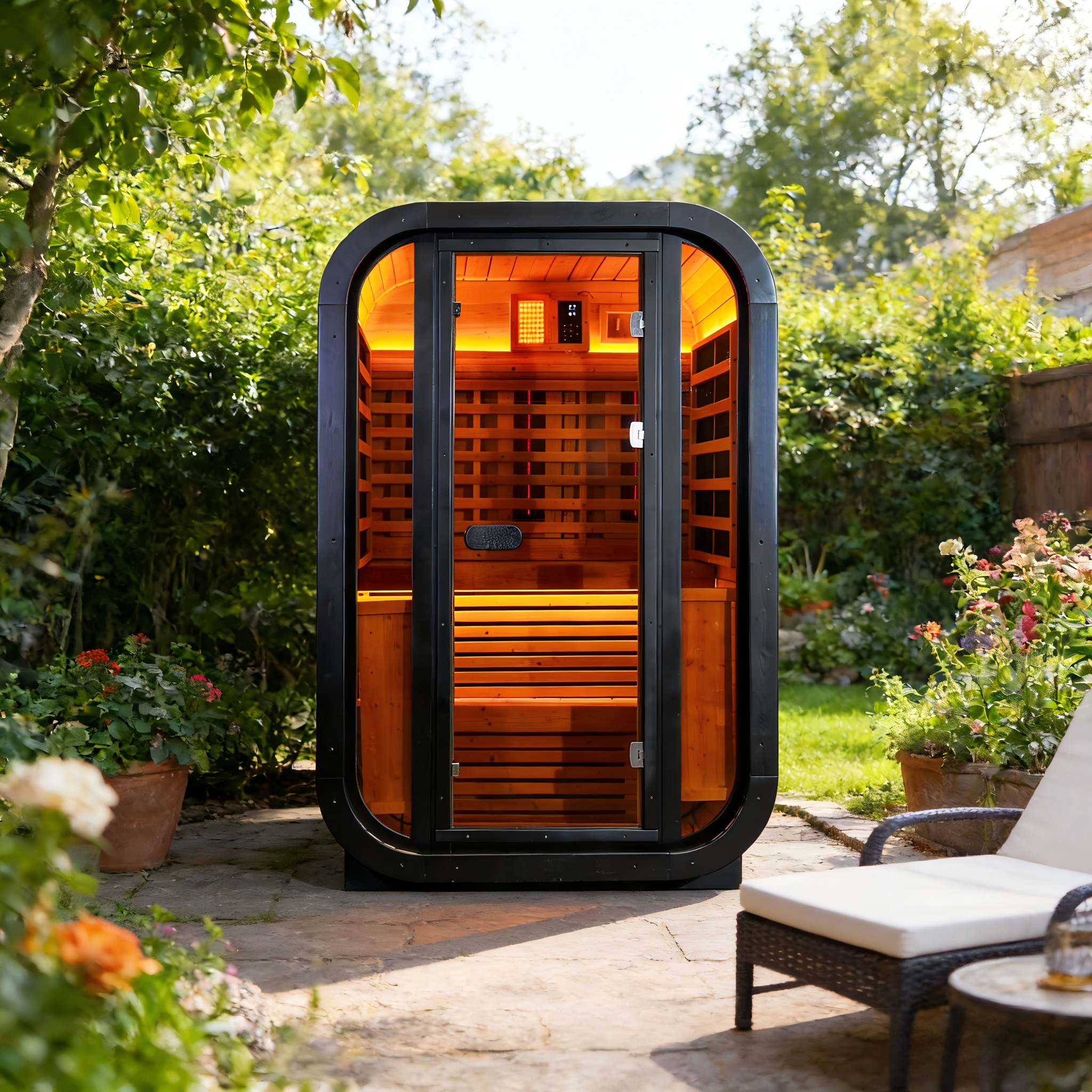 Outdoor Far Infrared Sauna – Carbonized Spruce Wood, Dark Tea-Tinted Glass, Far Infrared Heating Panels, LED Lights, Weather-Resistant Design for Patio, Garden