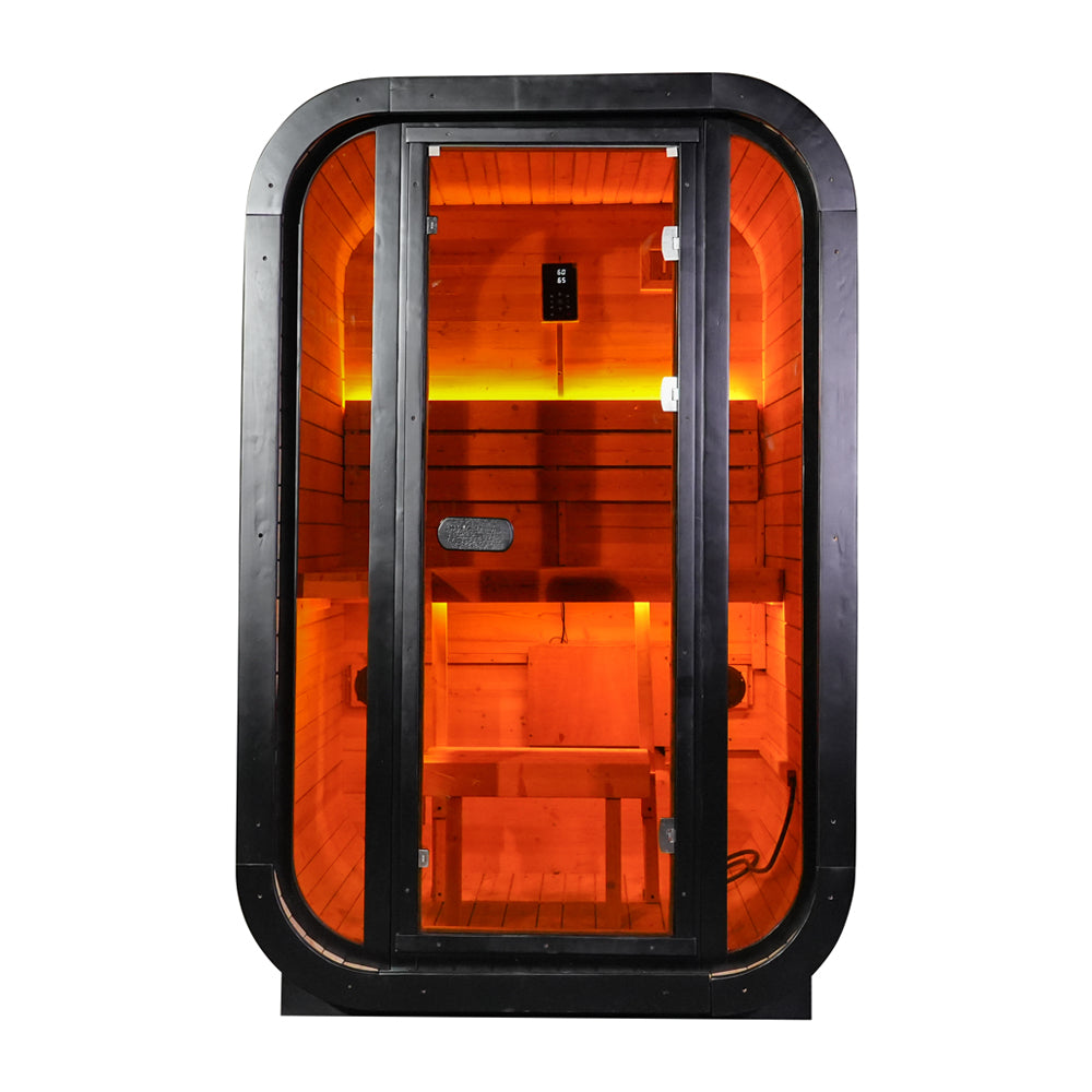 Outdoor Traditional Steam Sauna - Carbonized Spruce Wood, Tinted Glass, 6KW Heater, 1-2 Person Capacity for Backyard/Patio Relaxation Product Description