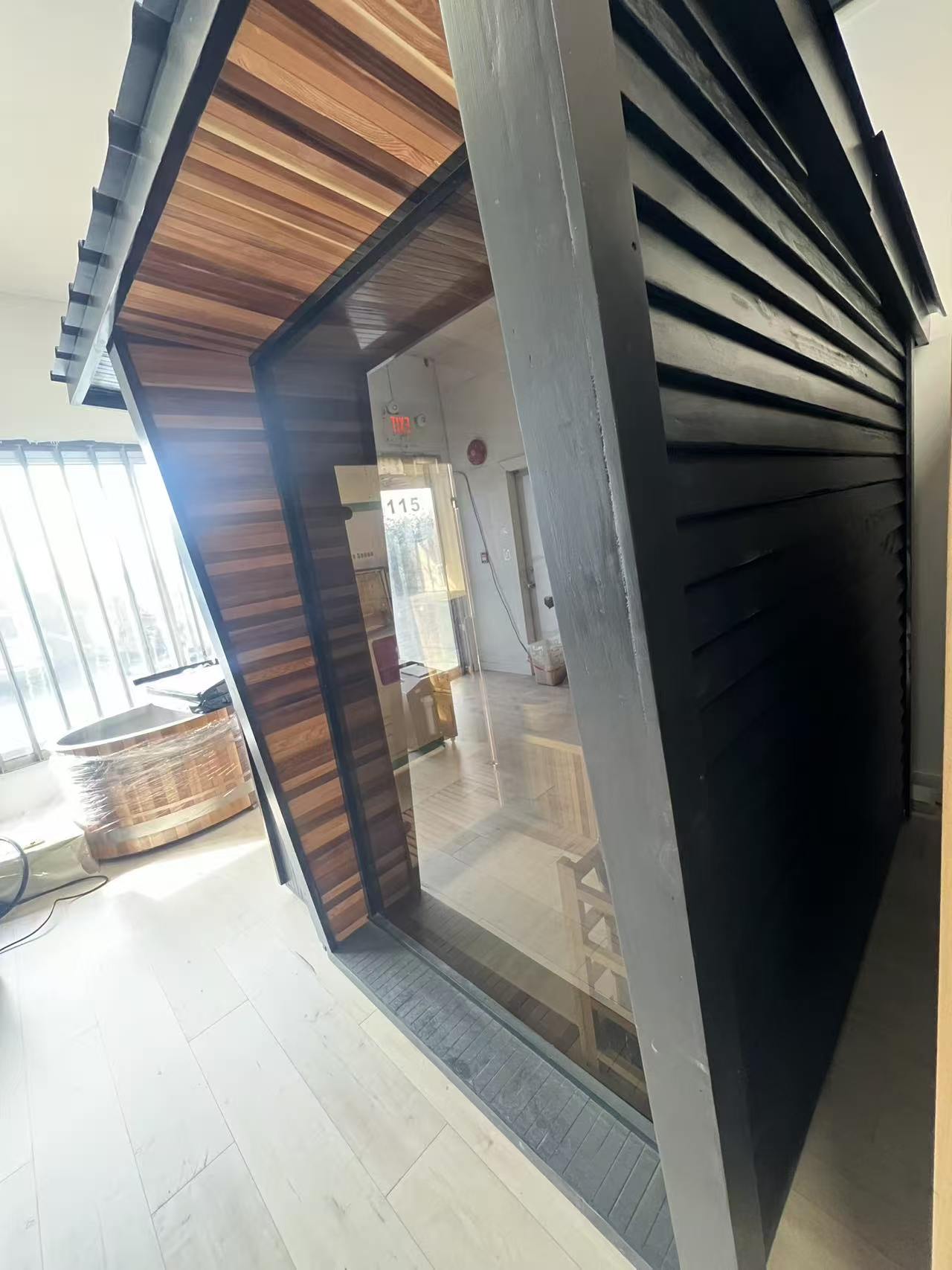 Outdoor 4-6 Person Black Square Traditional Steam Sauna with Red Cedar Construction, 9000W Heater – with Wooden Shingles