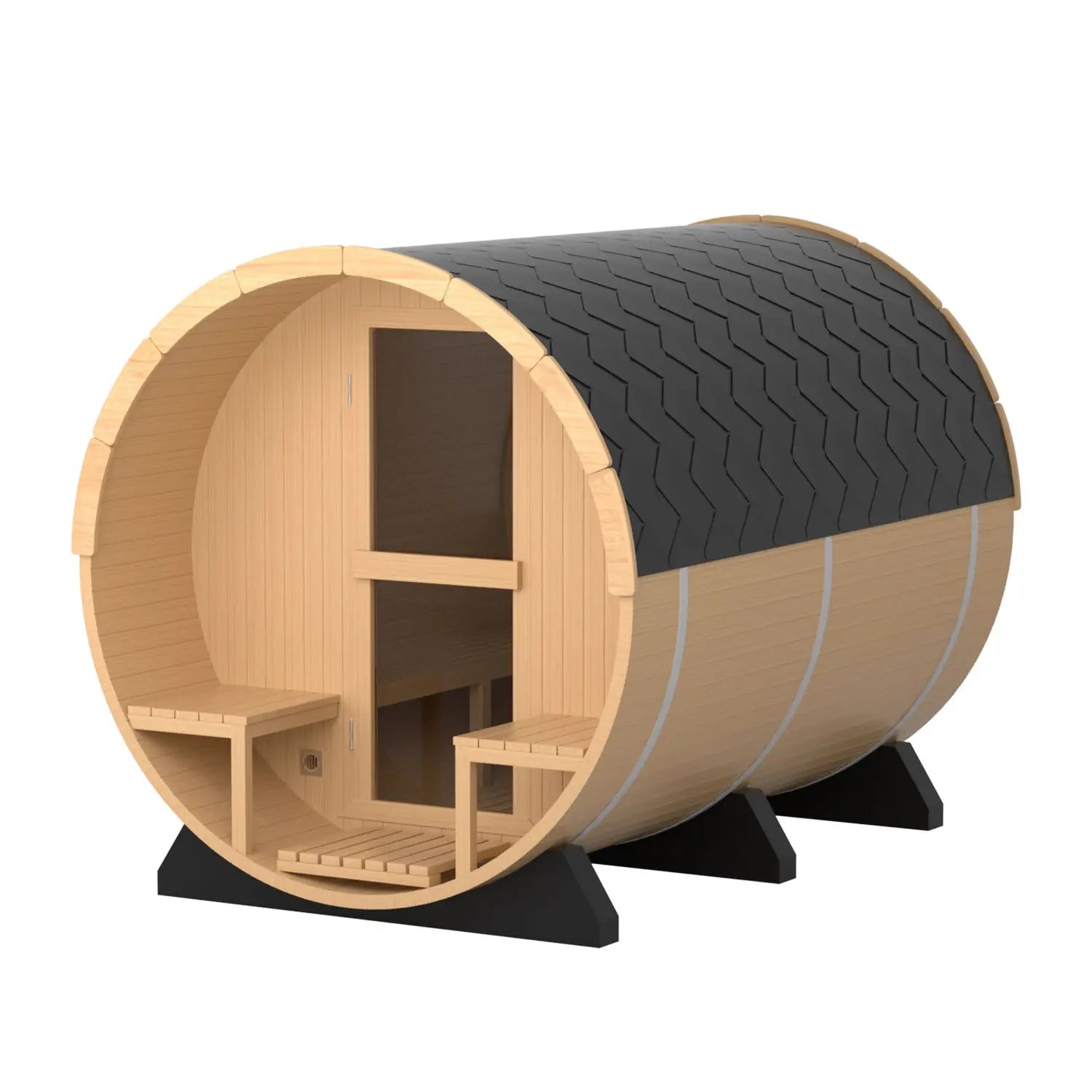 6 Person Outdoor Barrel Sauna with Front Porch, Hemlock Traditional Steam Barrel Sauna Kit with Half-viewing Window HELIUS
