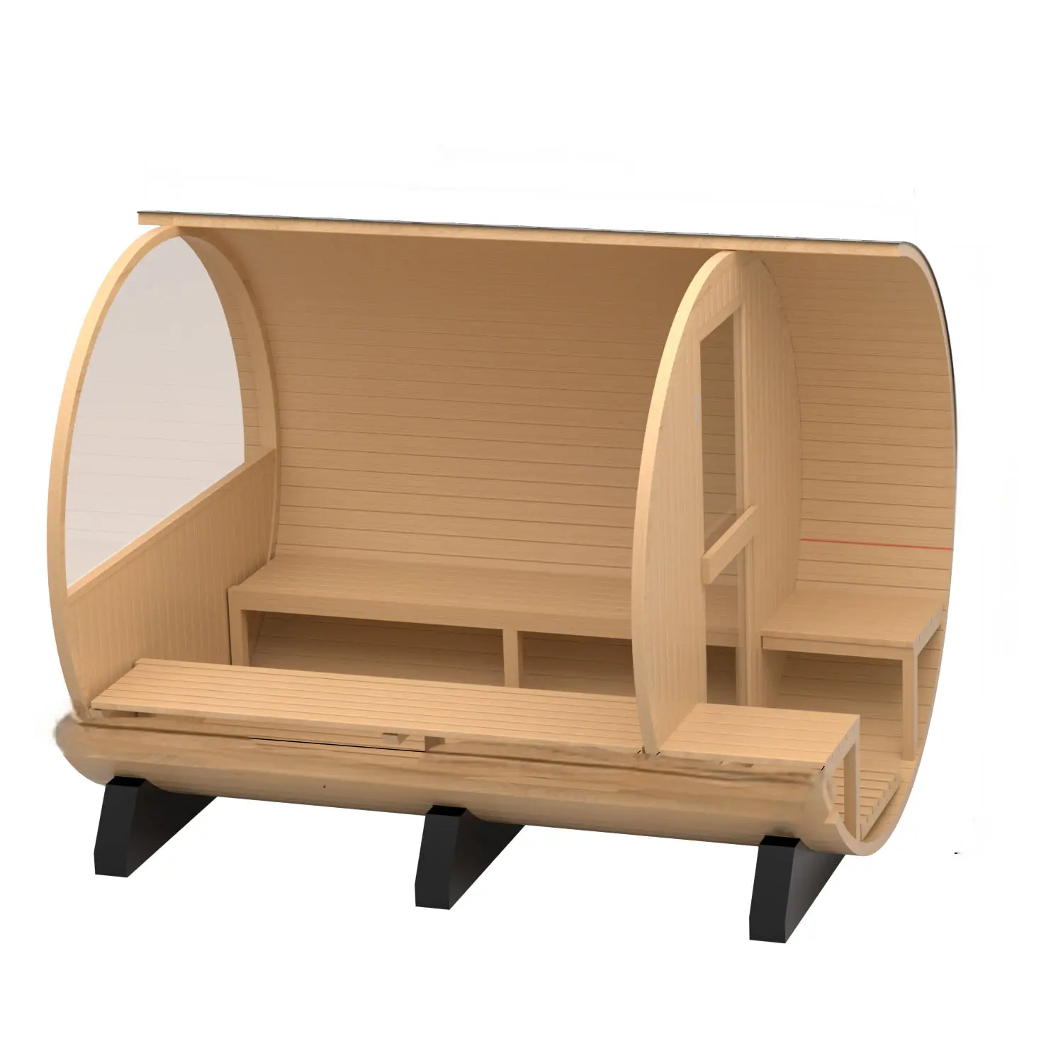 6 Person Outdoor Barrel Sauna with Front Porch, Hemlock Traditional Steam Barrel Sauna Kit with Half-viewing Window HELIUS