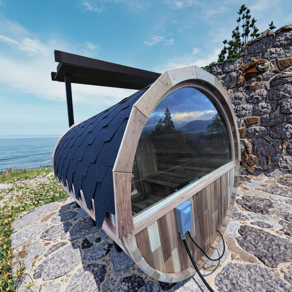 6 Person Outdoor Barrel Sauna with Front Porch, Patchwork Red Cedar Traditional Steam Barrel Sauna Kit with Half-viewing Window HELIUS