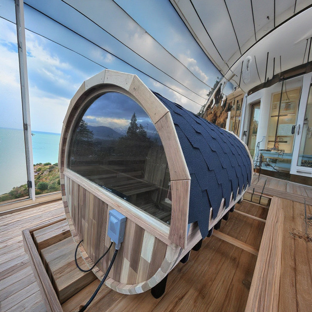 6 Person Outdoor Barrel Sauna with Front Porch, Patchwork Red Cedar Traditional Steam Barrel Sauna Kit with Half-viewing Window HELIUS