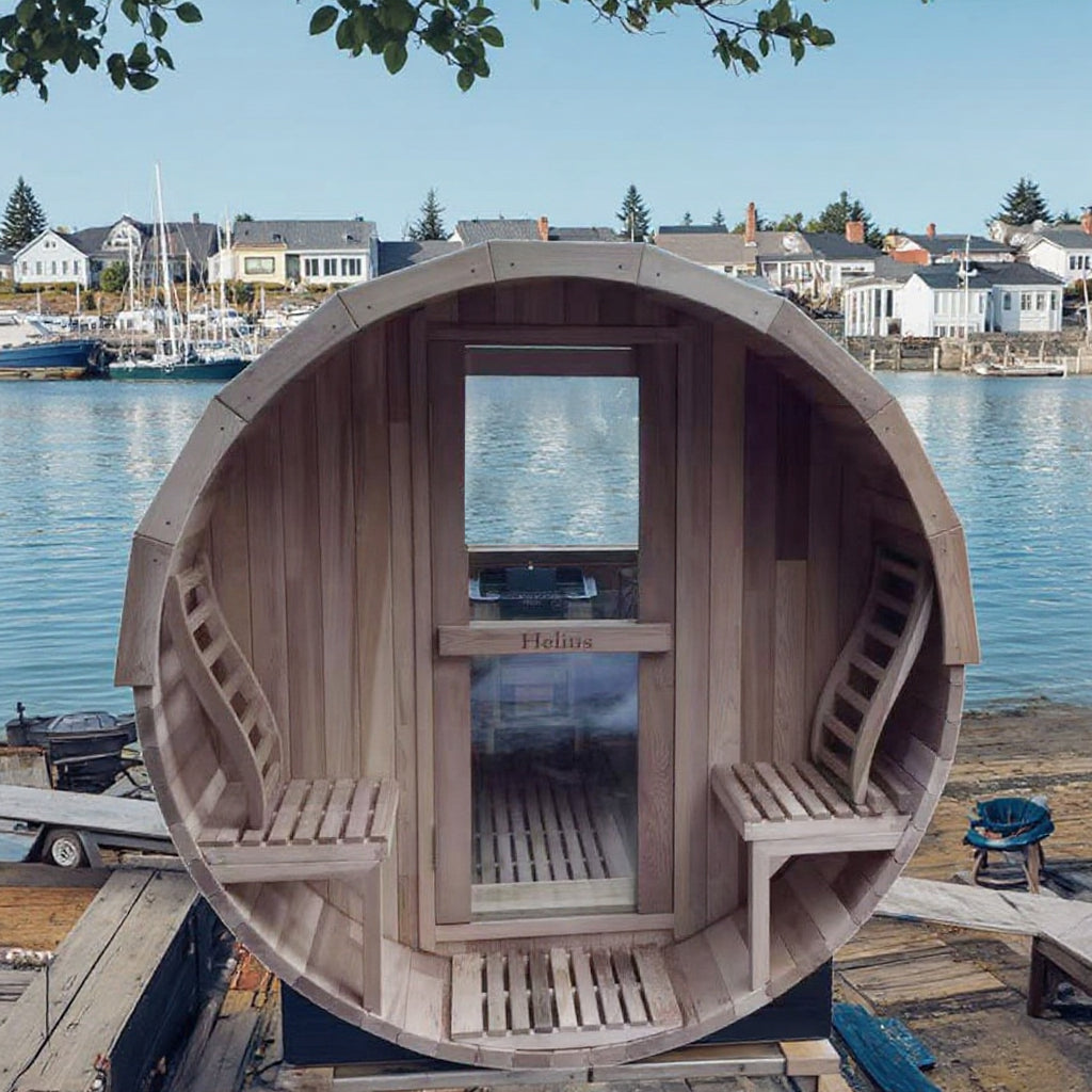 6 Person Outdoor Barrel Sauna with Front Porch, Patchwork Red Cedar Traditional Steam Barrel Sauna Kit with Half-viewing Window HELIUS