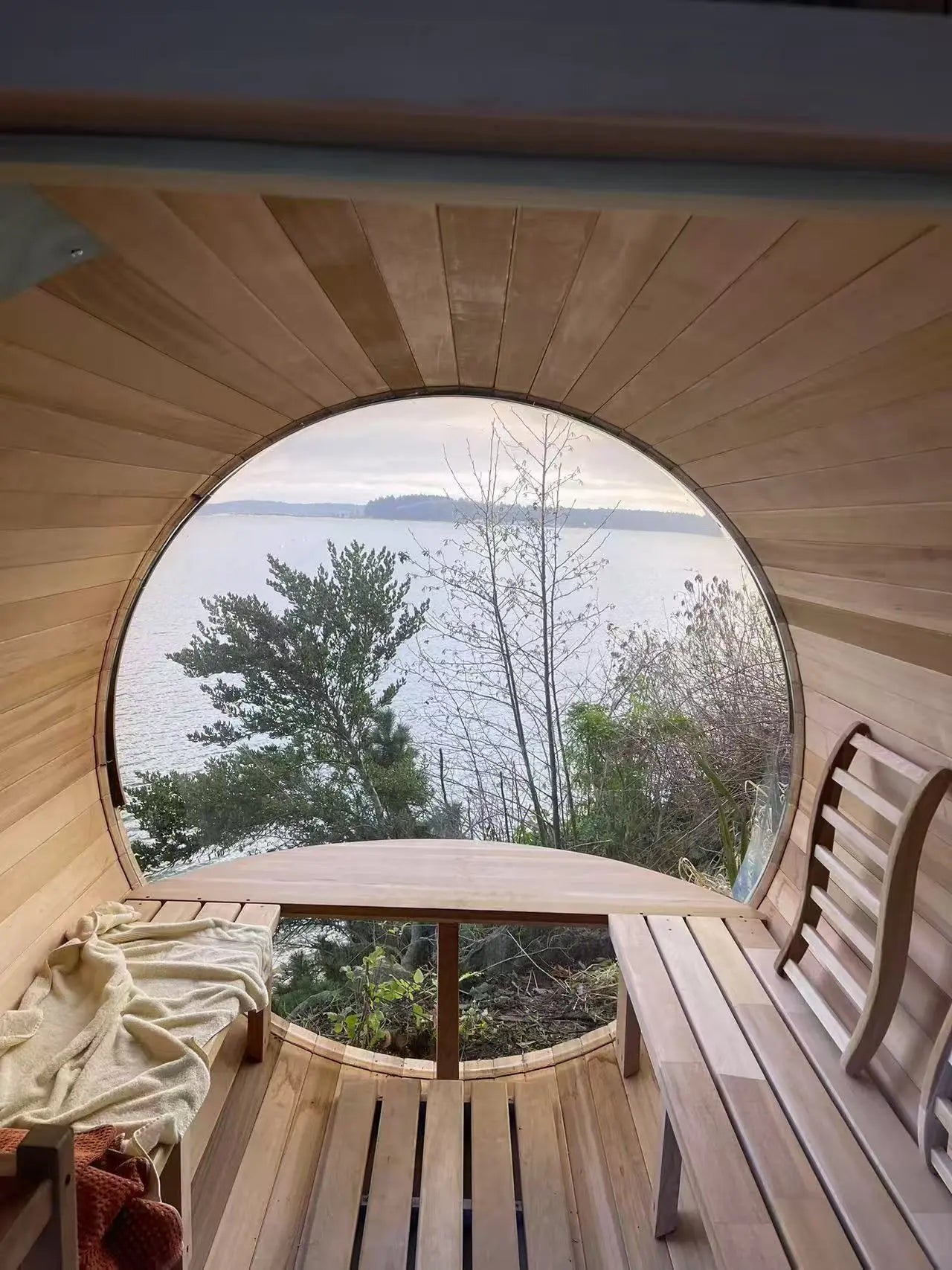 6 Person Outdoor barrel sauna with Front Porch and Panoramic Glass, Patchwork Red Cedar Barrel Sauna Kit with Outdoor Waterproof Tile, Wood-Burning Stove and More HELIUS