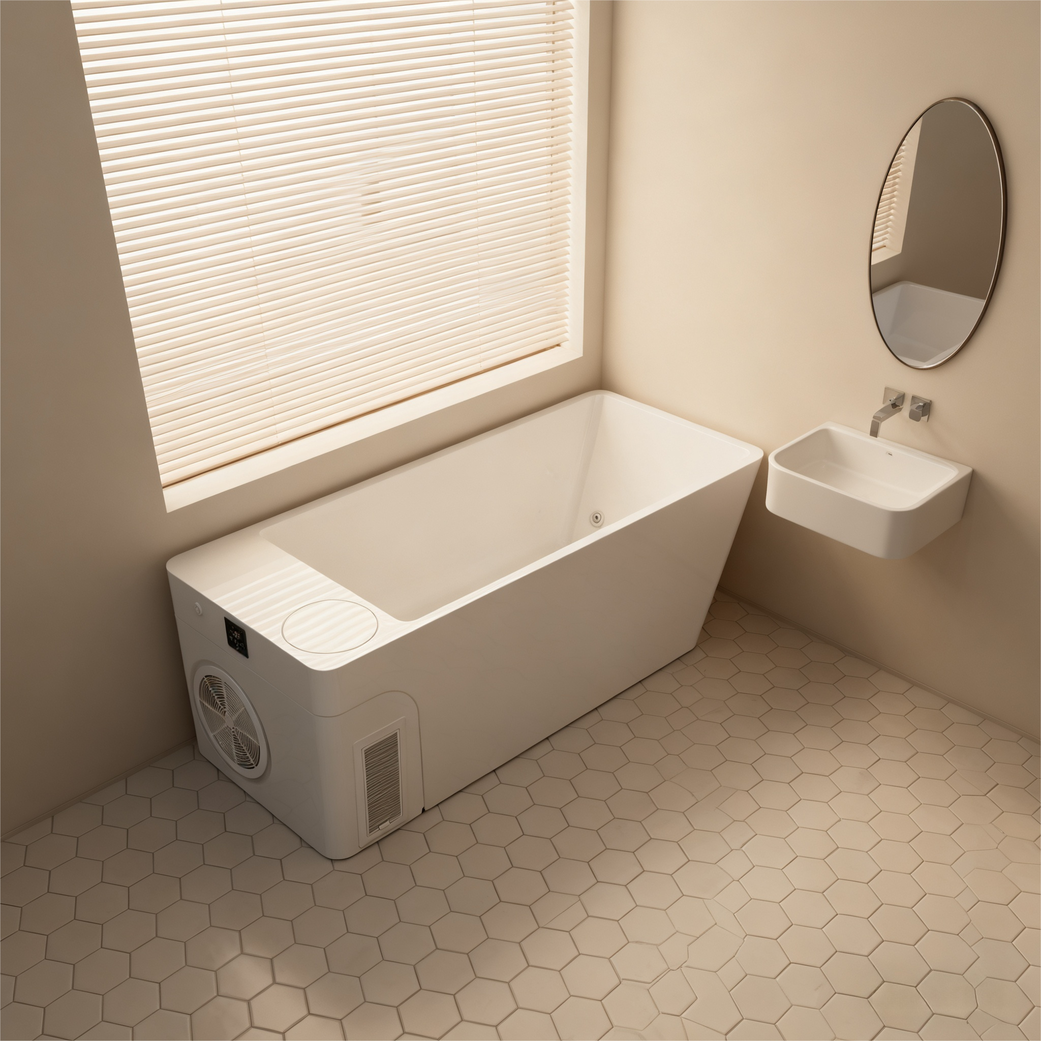 Acrylic Ice Bath Tub with Built-In Ice Machine – All-in-One Cold Plunge Spa System for Athlete Recovery, Hydrotherapy & Home Gym, Modern Sleek Cooling Design