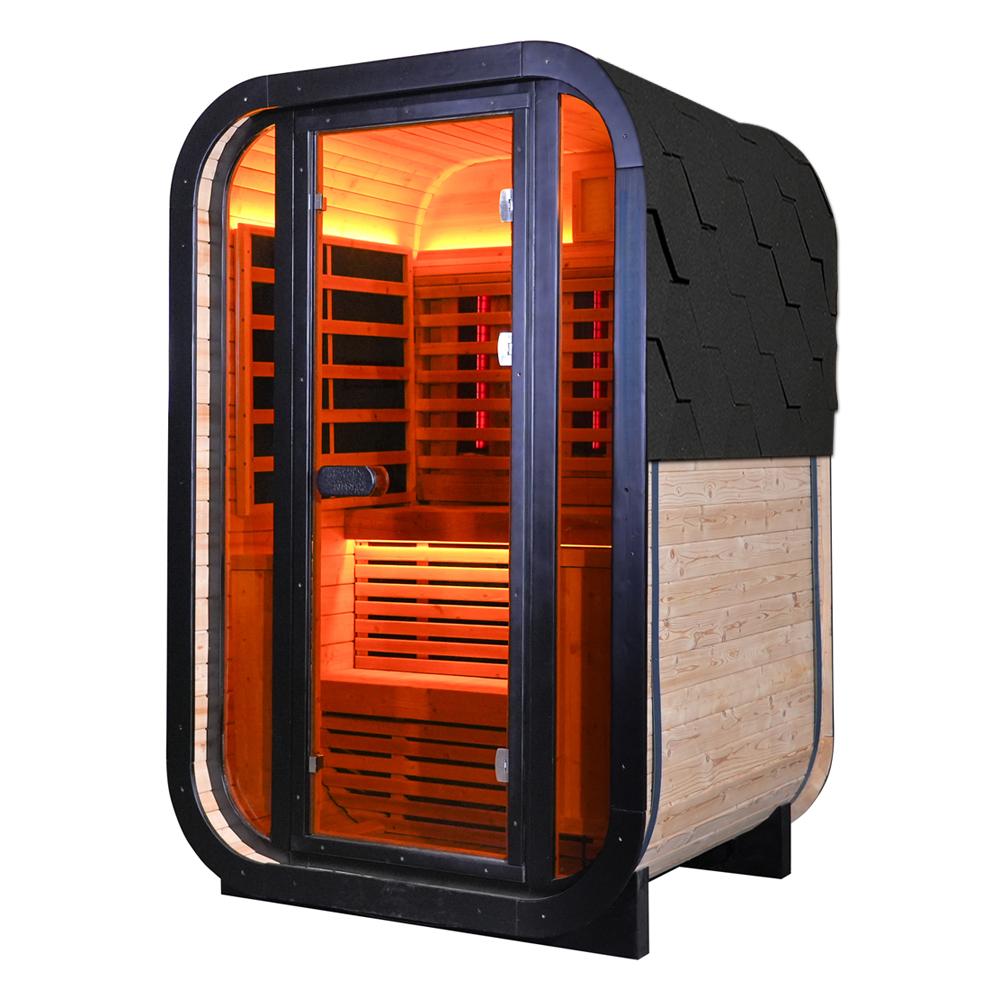 Outdoor Far Infrared Sauna – Carbonized Spruce Wood, Dark Tea-Tinted Glass, Far Infrared Heating Panels, LED Lights, Weather-Resistant Design for Patio, Garden