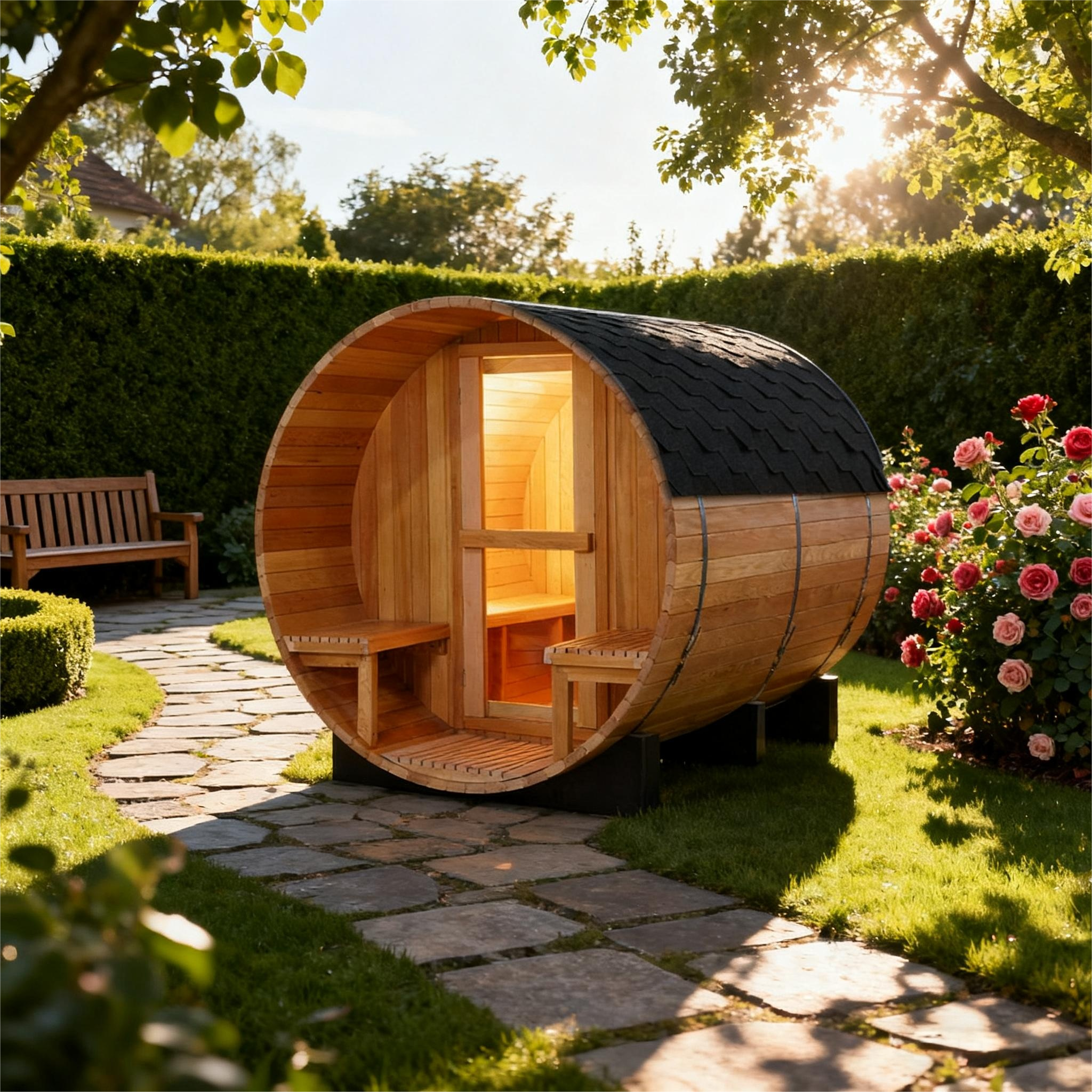 6 Person Outdoor Barrel Sauna with Front Porch, Canadian Hemlock Traditional Steam Barrel Sauna Kit with Outdoor Waterproof Tile, Lava Rocks and More