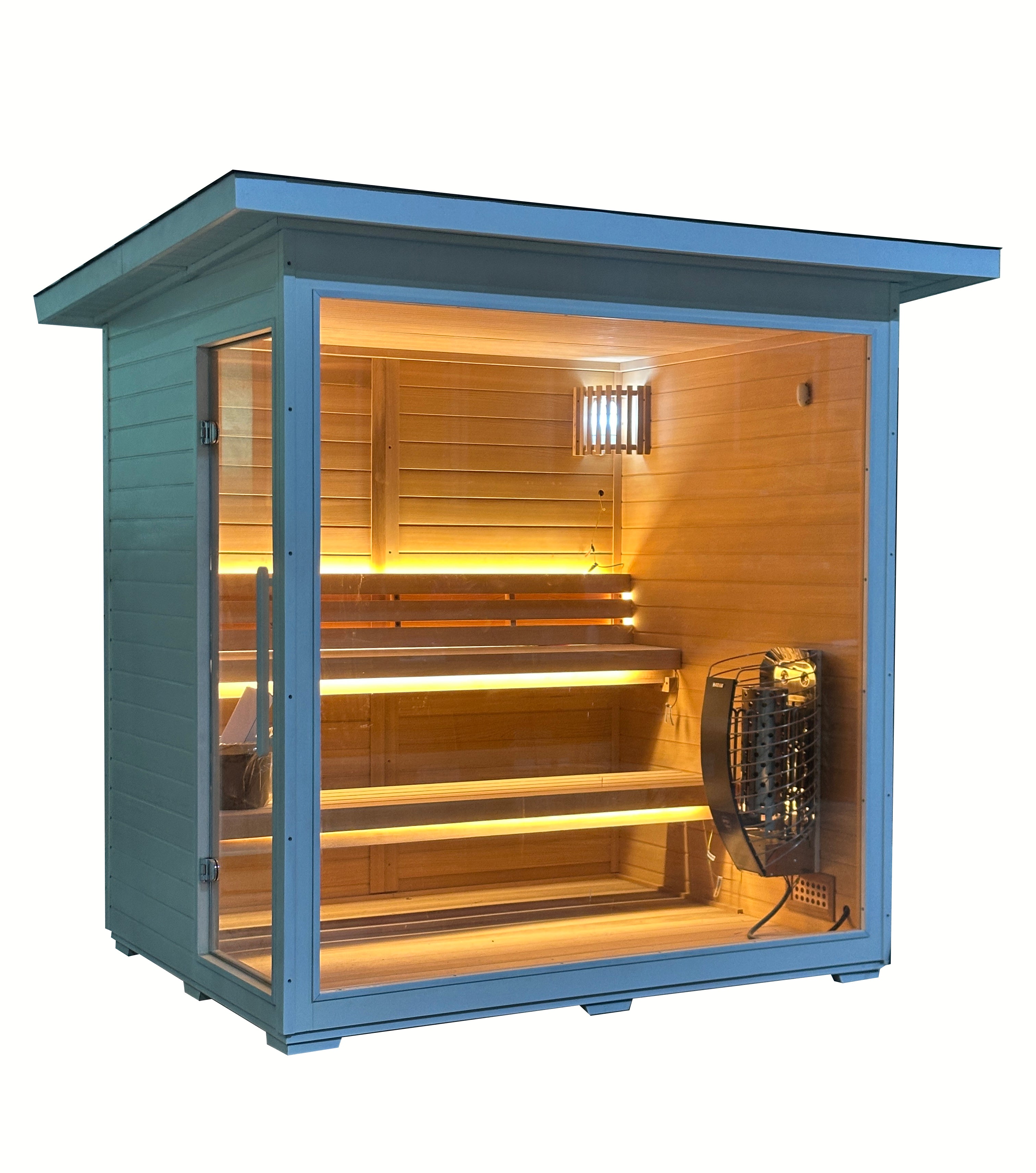Canadian Red Cedar Outdoor Sauna, 4-5 Person Traditional Steam Sauna with 6KW Heater, Tempered Glass Front, LED Lighting, Bitumen Roof, Complete Accessories Kit for Indoor & Backyard Use