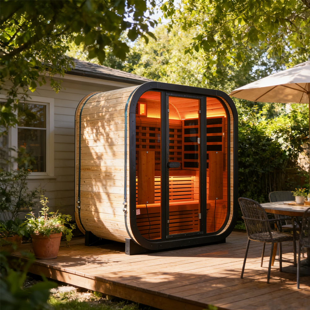 Outdoor Far Infrared Sauna for 4 Persons, Carbonized Spruce Wood Sauna Room with Dark Brown Tinted Glass, LED Chromotherapy Lights & Weather-Resistant Roof for Backyard/Patio Relaxation