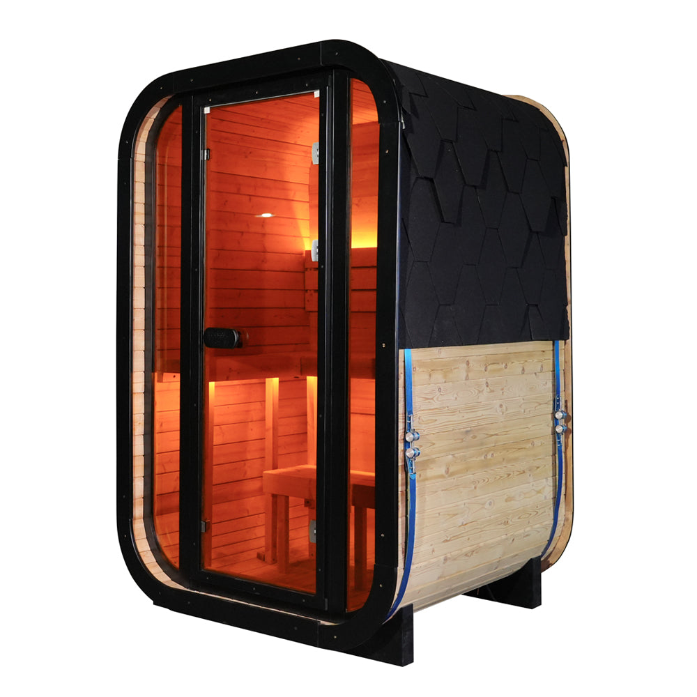 Outdoor Traditional Steam Sauna - Carbonized Spruce Wood, Tinted Glass, 6KW Heater, 1-2 Person Capacity for Backyard/Patio Relaxation Product Description
