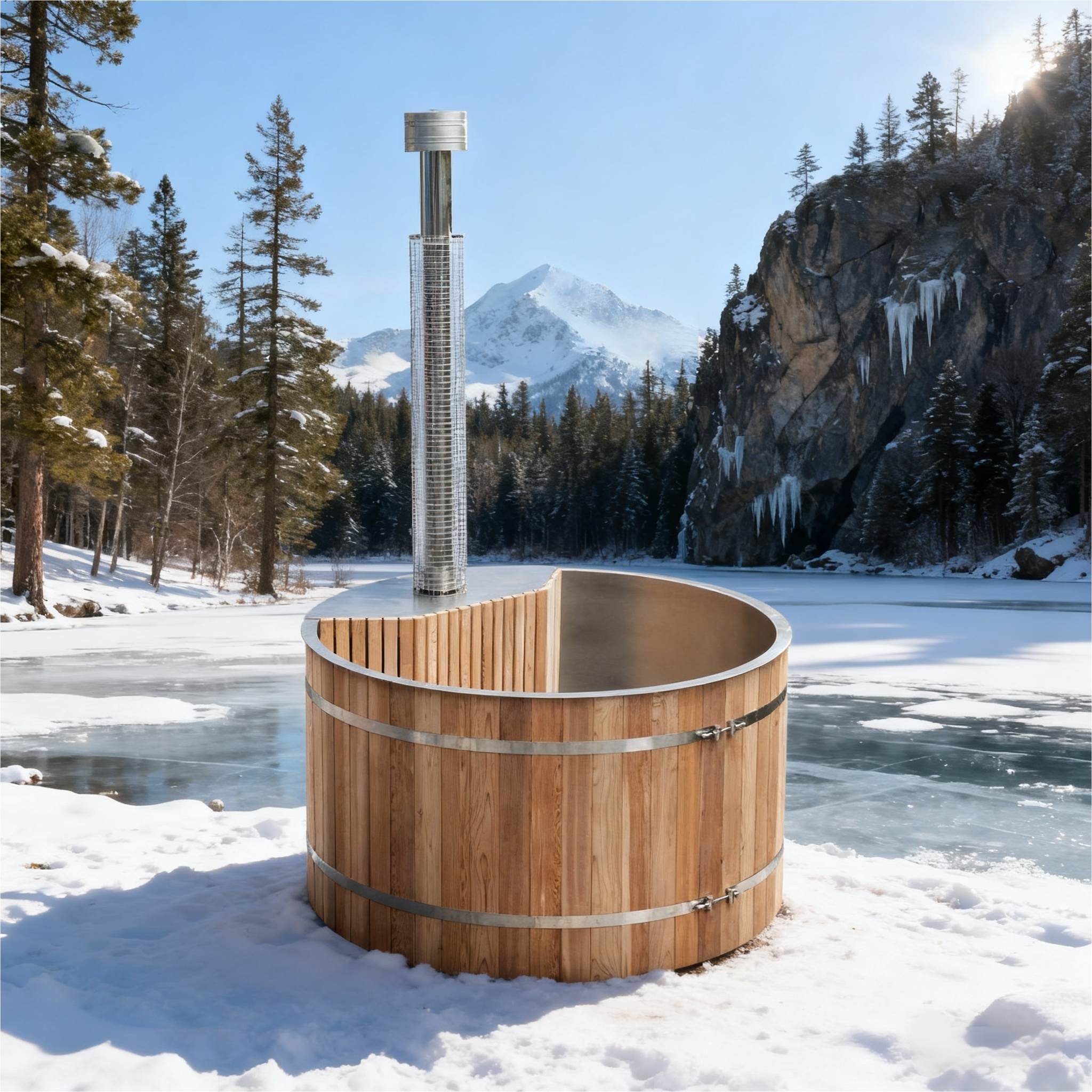 Wood - Fired Hot Tub with Stainless Steel Liner, Built - in Stove and Red Cedar Shell