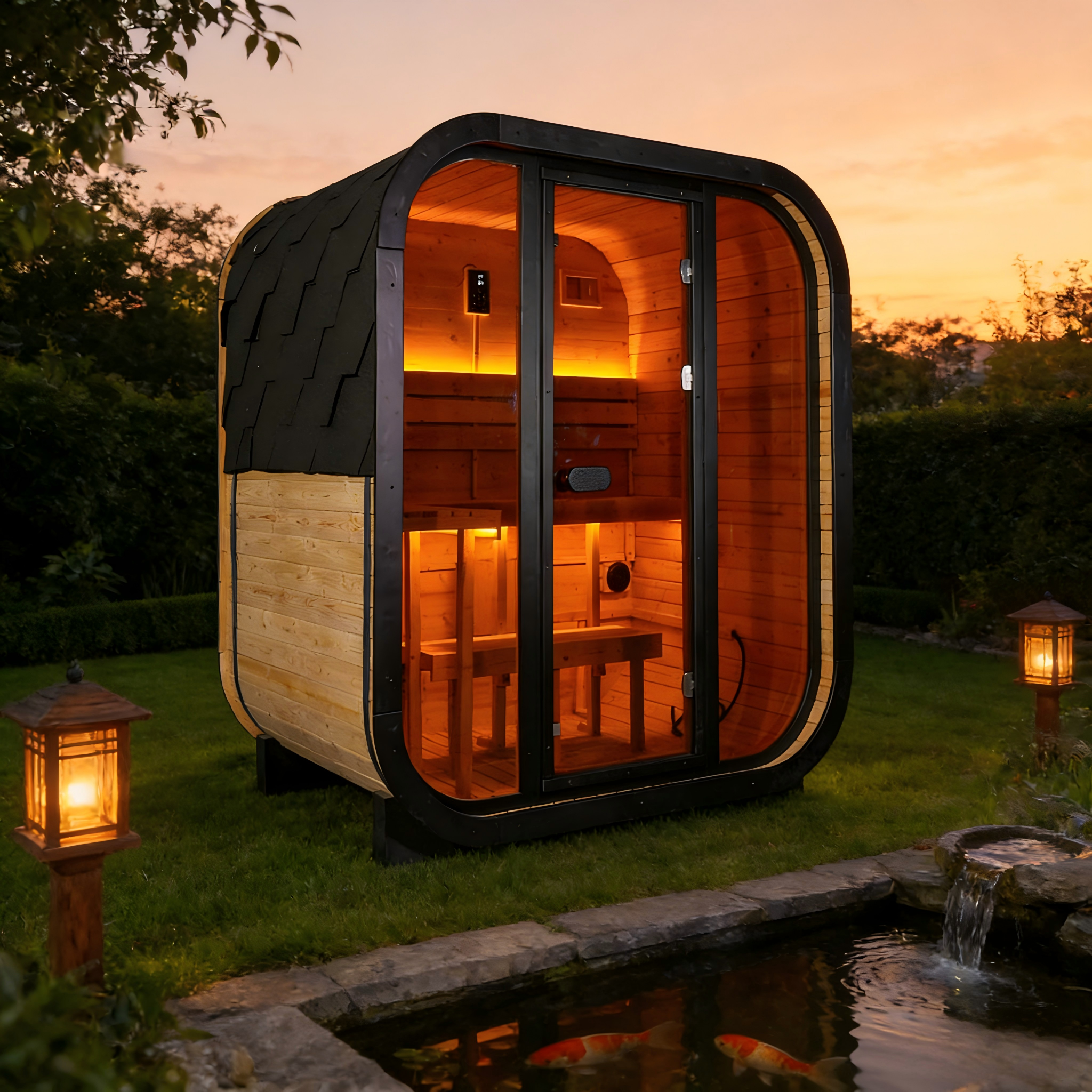 Traditional Outdoor Steam Sauna for 4 People – Carbonized Spruce Wood, 6KW Heater, Tinted Glass Panels, Weather-Resistant Backyard Spa with LED Lighting