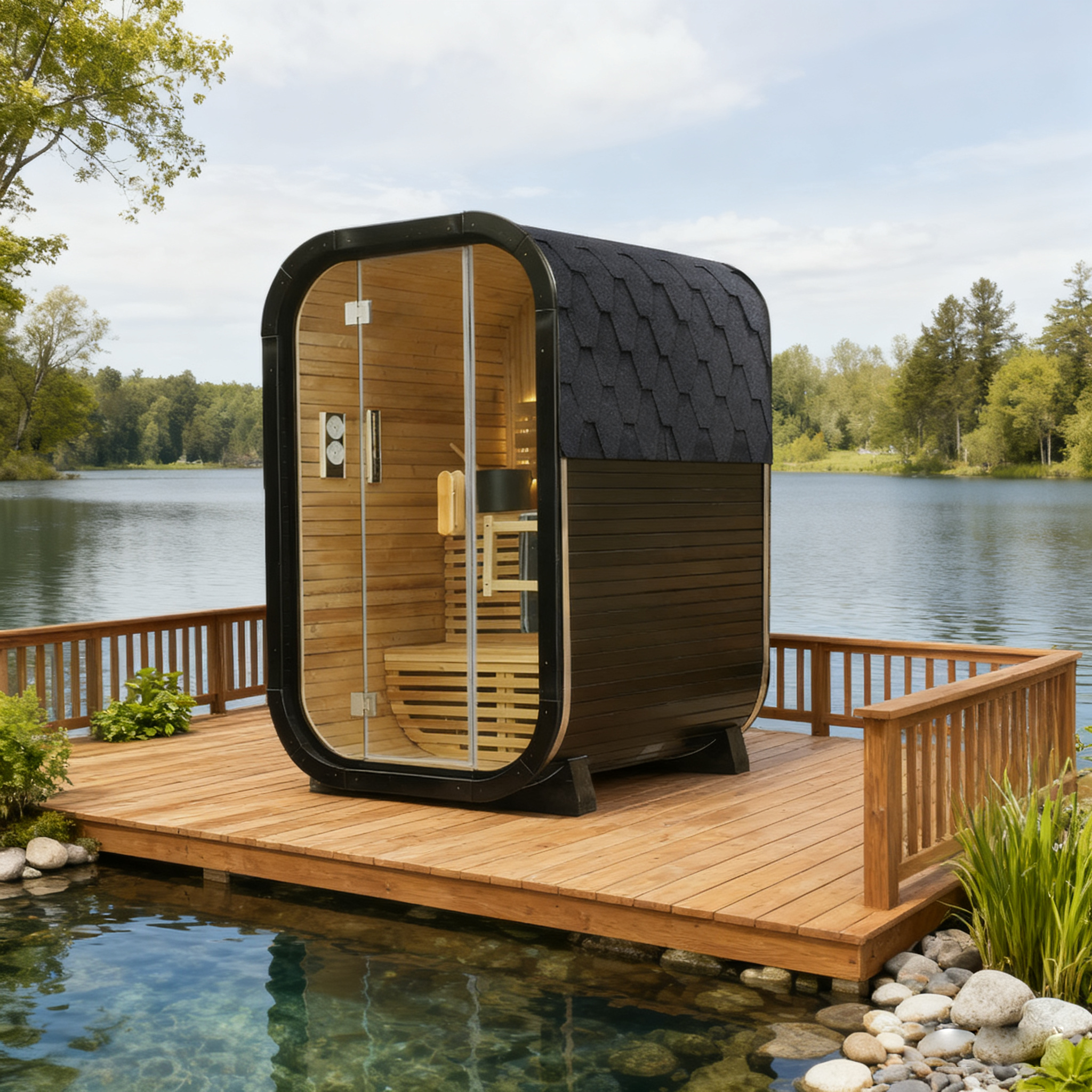 Carbonized Spruce Traditional Steam Outdoor Square Sauna for 1-2 Persons | Immersive Wooden Healing Private Outdoor Relaxation Space