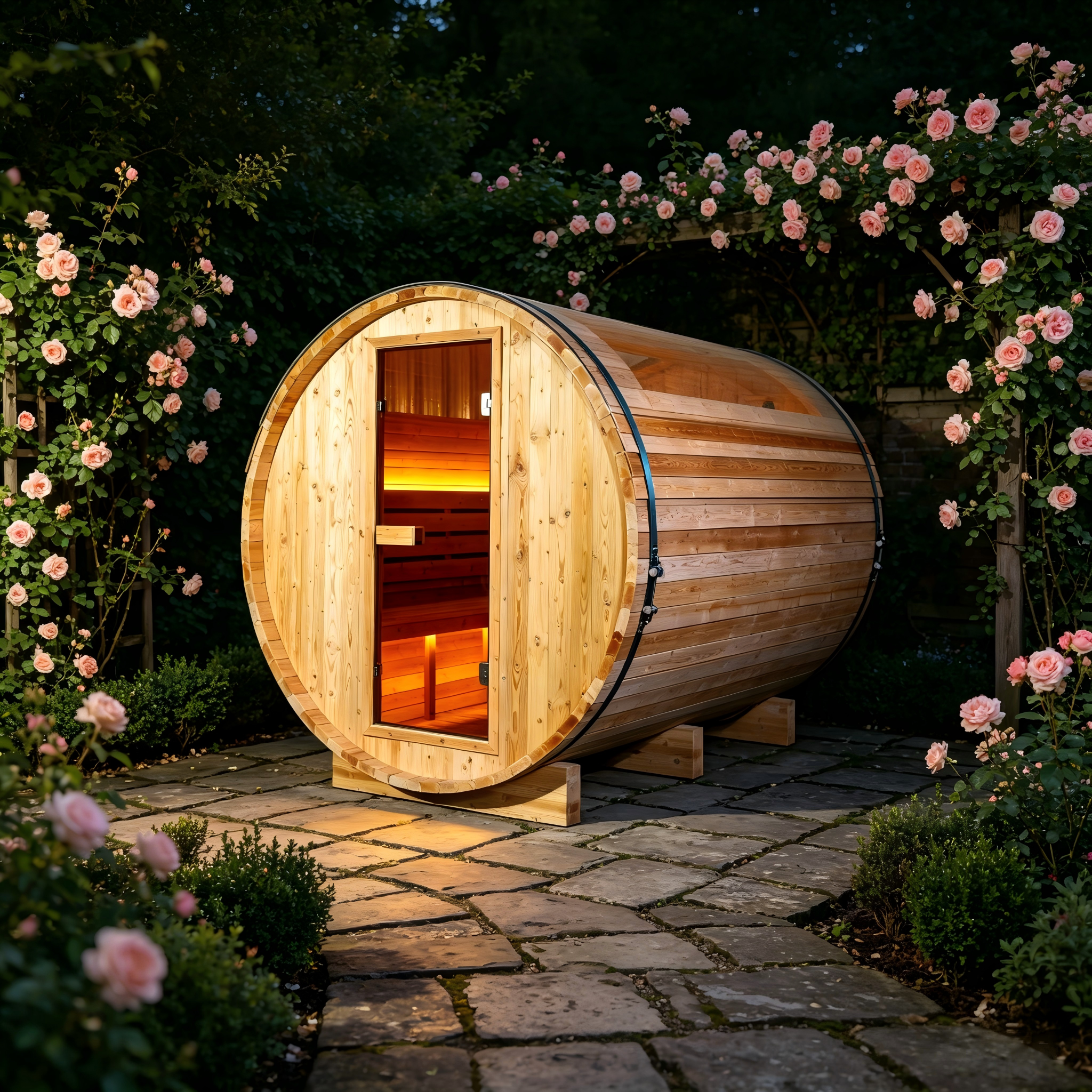 4-6 Person Outdoor Barrel Sauna, Traditional Steam Sauna with Panoramic View Window, Thermo Spruce Wood, for Backyard Garden Home Spa Relaxation