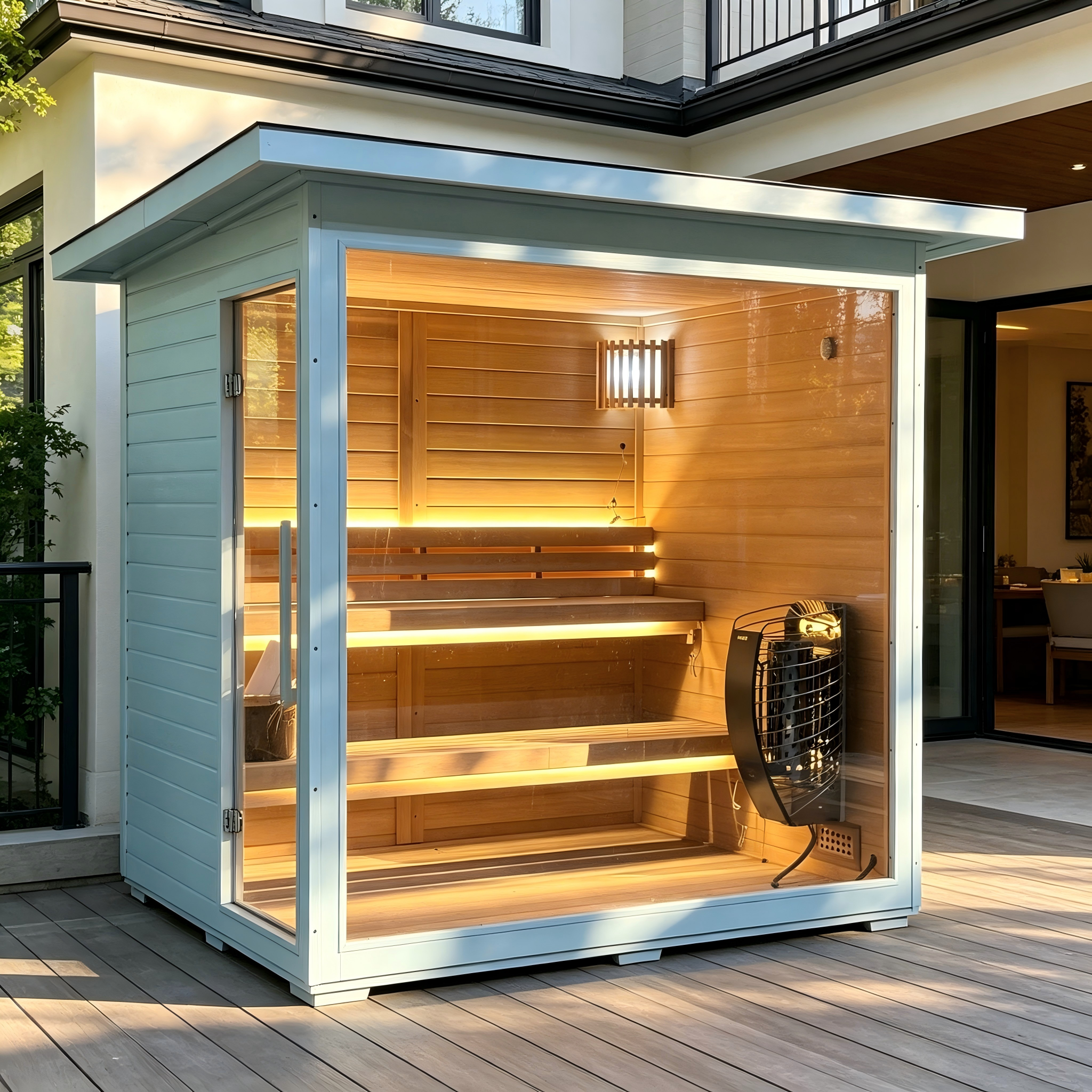 Canadian Red Cedar Outdoor Sauna, 4-5 Person Traditional Steam Sauna with 6KW Heater, Tempered Glass Front, LED Lighting, Bitumen Roof, Complete Accessories Kit for Indoor & Backyard Use