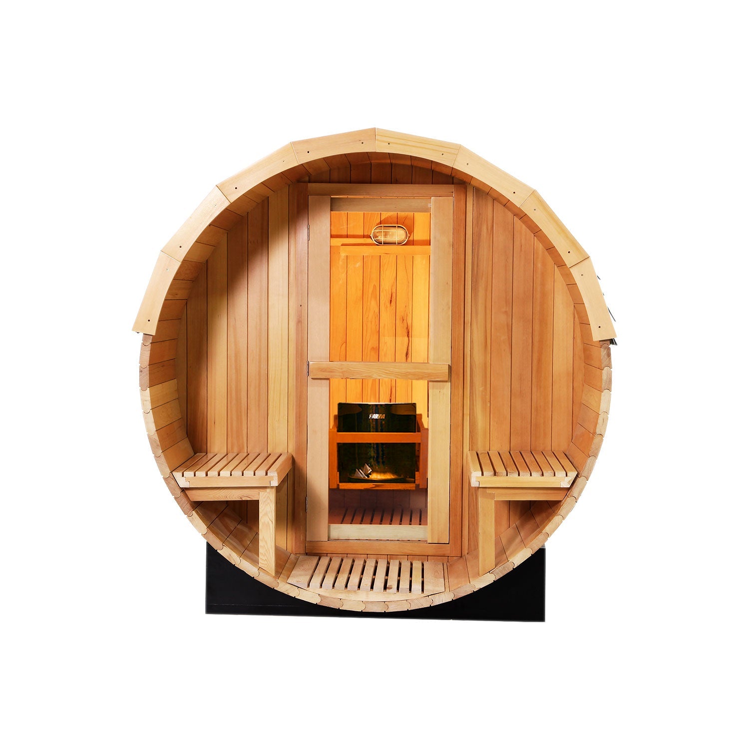 6 Person Outdoor Barrel Sauna with Front Porch, Canadian Hemlock Traditional Steam Barrel Sauna Kit with Outdoor Waterproof Tile, Lava Rocks and More HELIUS