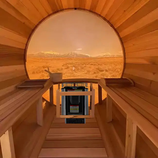 6 Person Outdoor barrel sauna with Front Porch and Panoramic Glass, Patchwork Red Cedar Barrel Sauna Kit with Outdoor Waterproof Tile, Wood-Burning Stove and More HELIUS