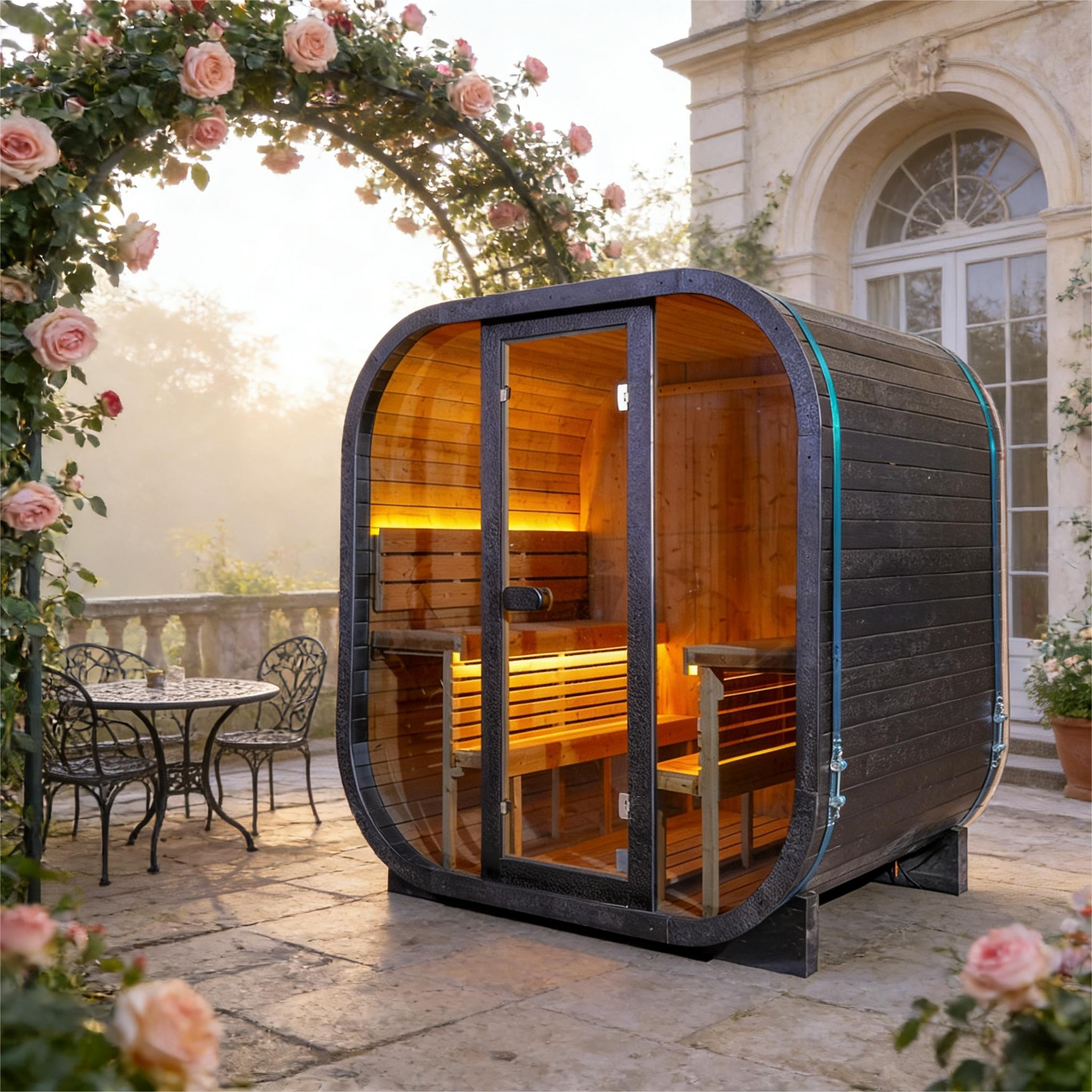 Black Outdoor Traditional Steam Sauna Square Carbonized Spruce Black Print with Textured Black Tempered Glass