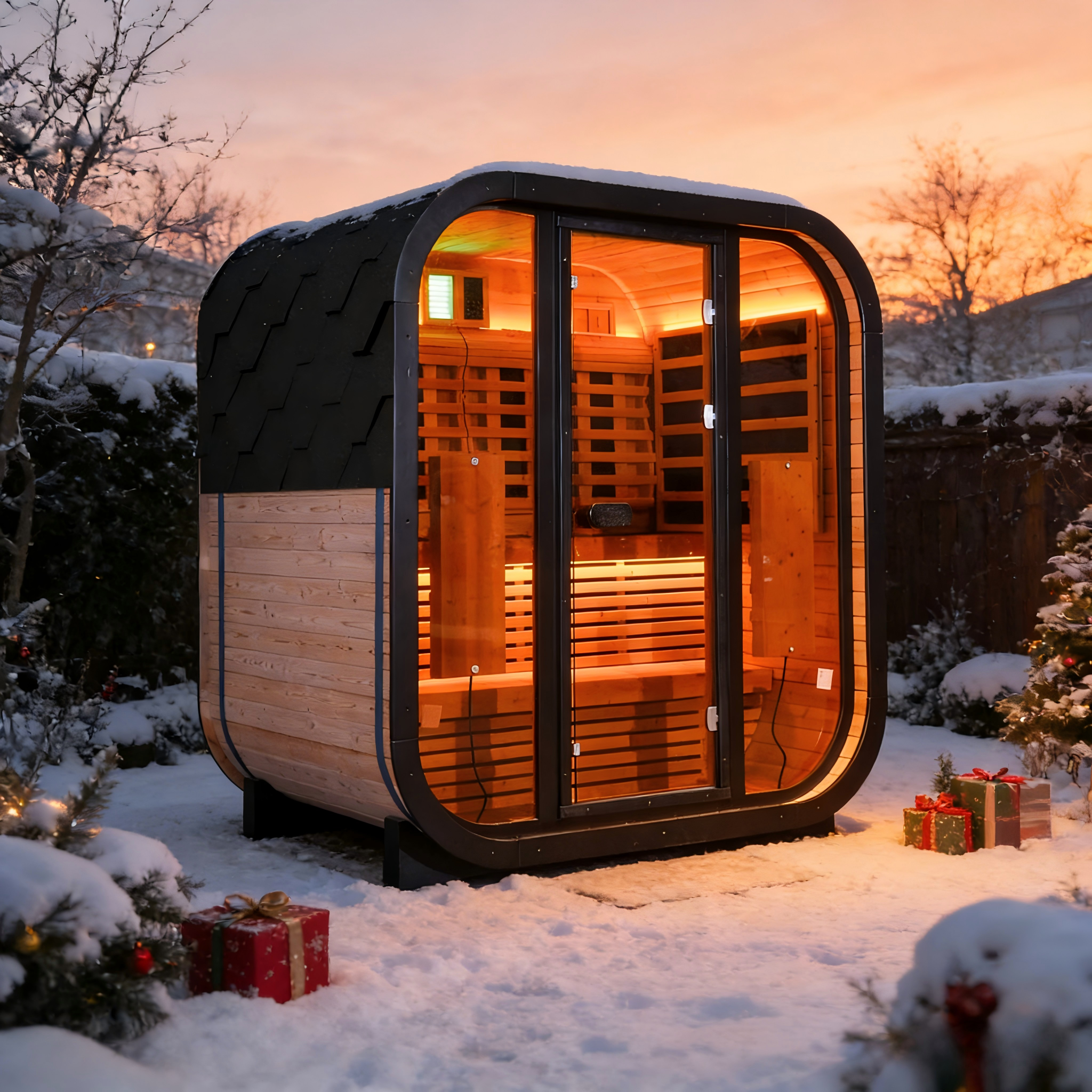 Outdoor Far Infrared Sauna for 4 Persons, Carbonized Spruce Wood Sauna Room with Dark Brown Tinted Glass, LED Chromotherapy Lights & Weather-Resistant Roof for Backyard/Patio Relaxation