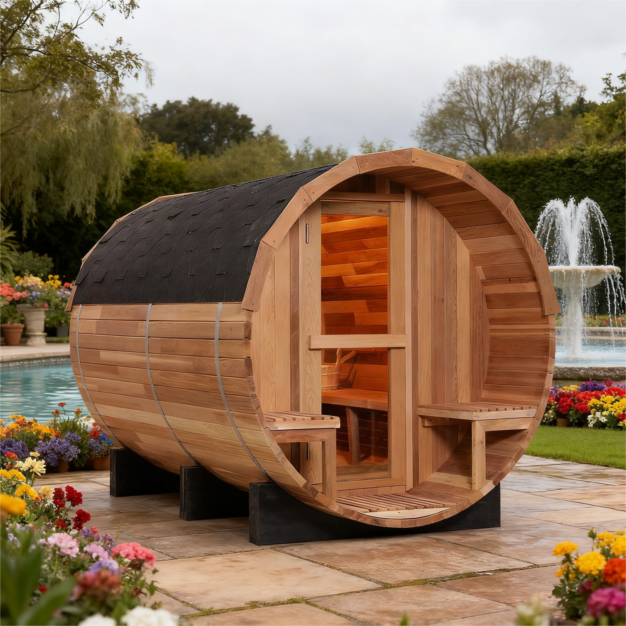 6 Person Outdoor Barrel Sauna with Front Porch, Patchwork Red Cedar Traditional Steam Barrel Sauna Kit with Outdoor Waterproof Tile and More
