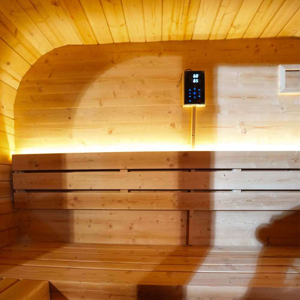 Traditional Outdoor Steam Sauna for 4 People – Carbonized Spruce Wood, 6KW Heater, Tinted Glass Panels, Weather-Resistant Backyard Spa with LED Lighting