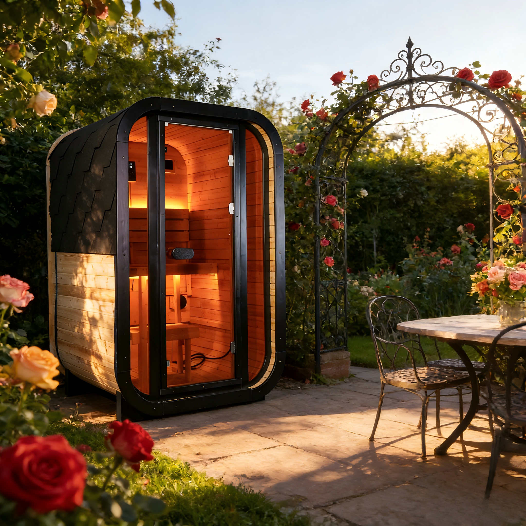 Outdoor Traditional Steam Sauna - Carbonized Spruce Wood, Tinted Glass, 6KW Heater, 1-2 Person Capacity for Backyard/Patio Relaxation Product Description