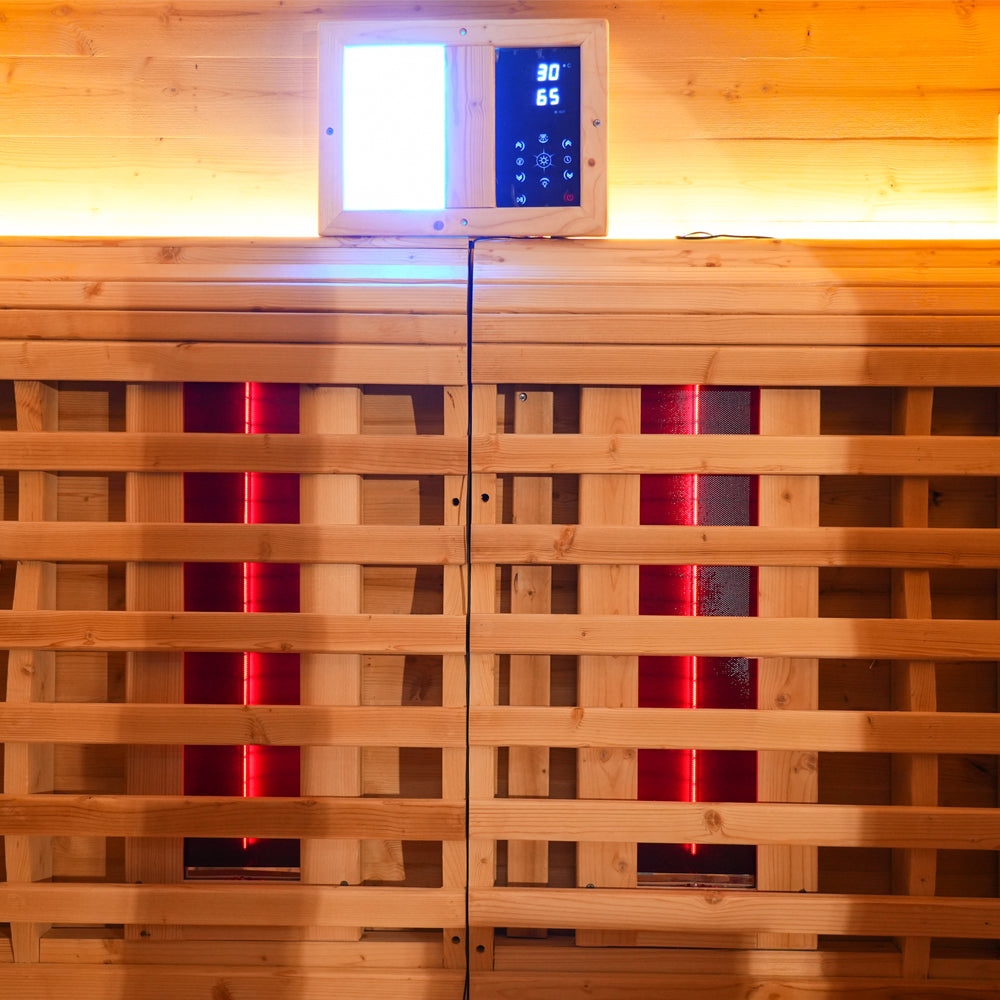 Outdoor Far Infrared Sauna for 4 Persons, Carbonized Spruce Wood Sauna Room with Dark Brown Tinted Glass, LED Chromotherapy Lights & Weather-Resistant Roof for Backyard/Patio Relaxation