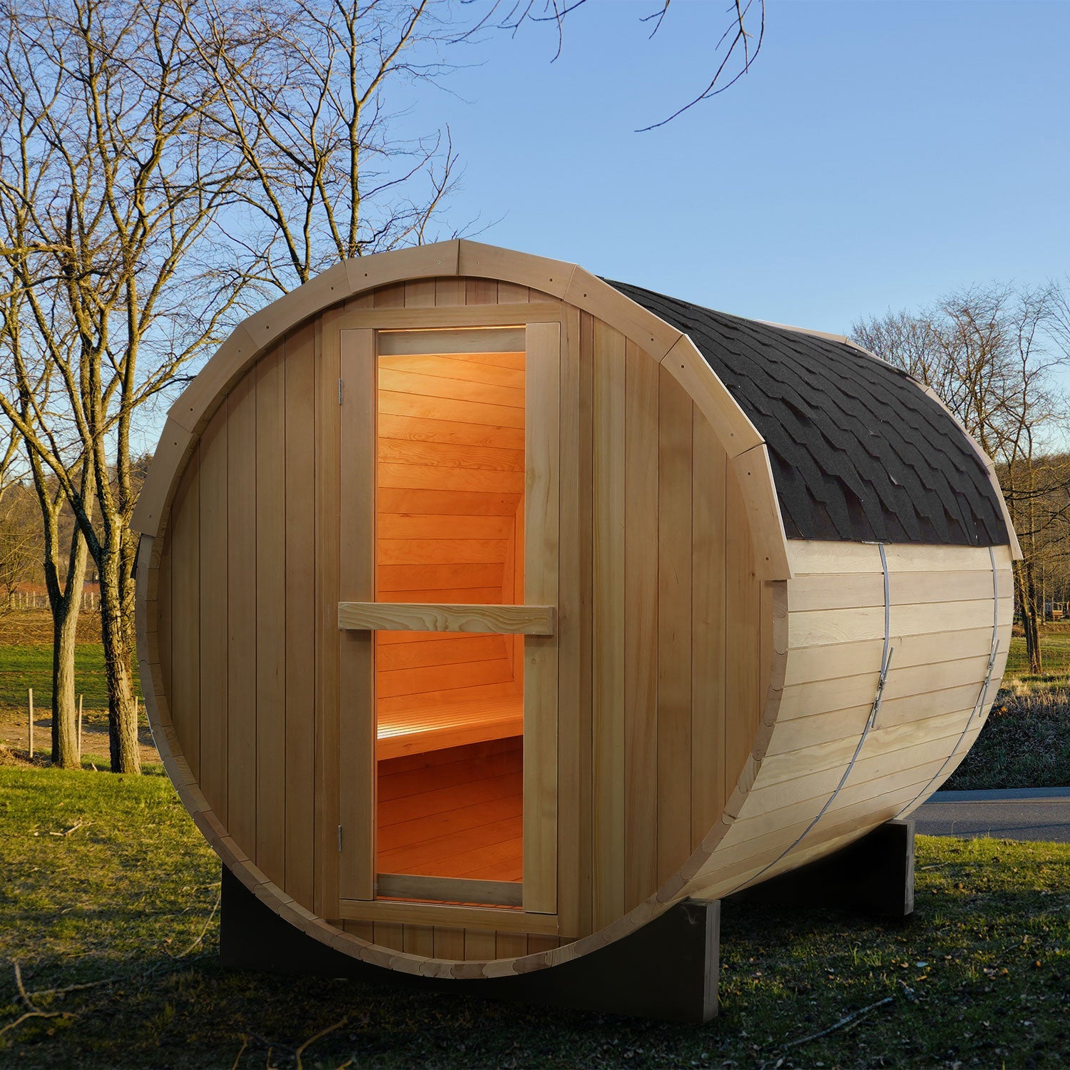 4 Person Outdoor Barrel Sauna, Canadian Hemlock Traditional Steam Barrel Sauna Kit with Outdoor Waterproof Tile, Lava Rocks and More HELIUS