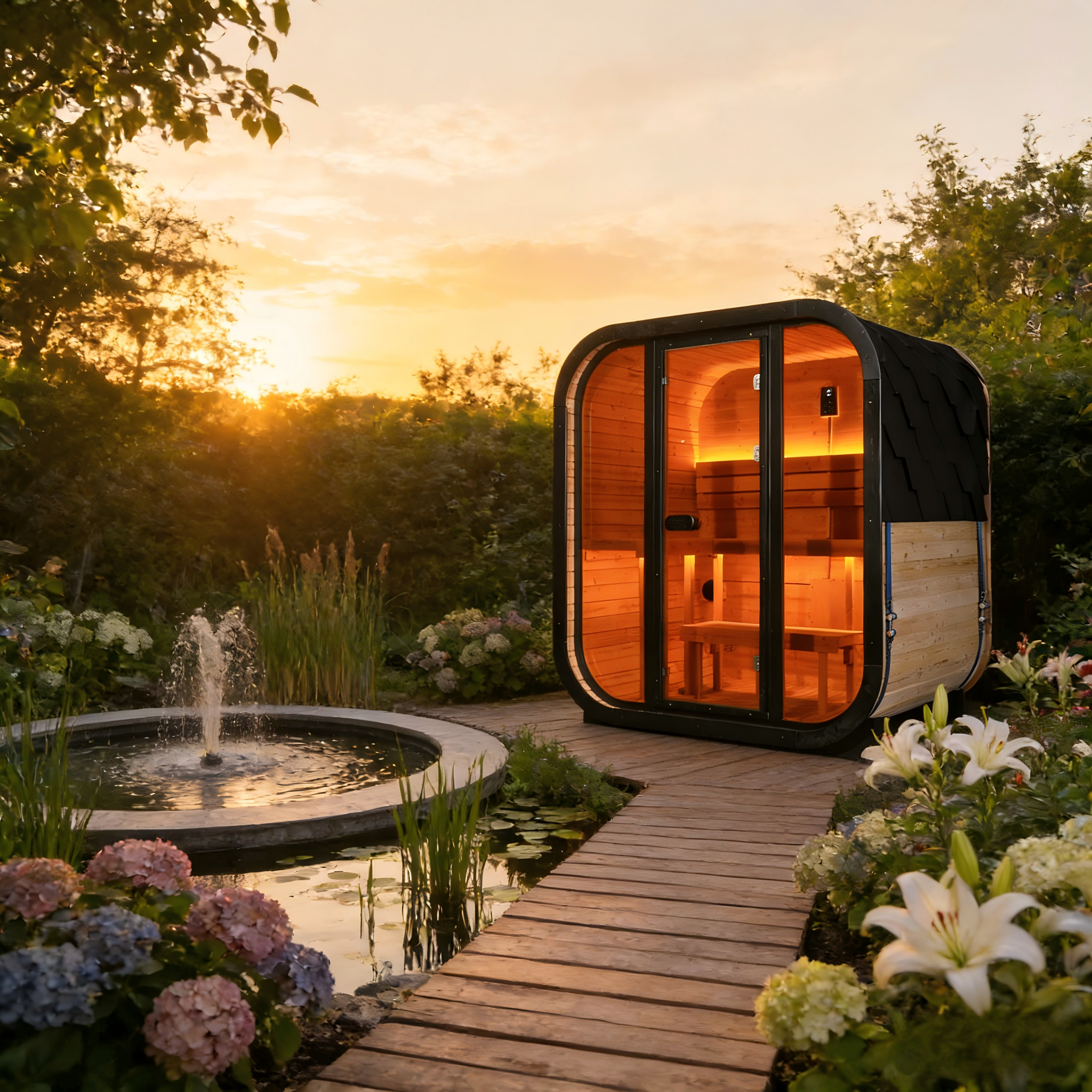 Traditional Outdoor Steam Sauna for 4 People – Carbonized Spruce Wood, 6KW Heater, Tinted Glass Panels, Weather-Resistant Backyard Spa with LED Lighting