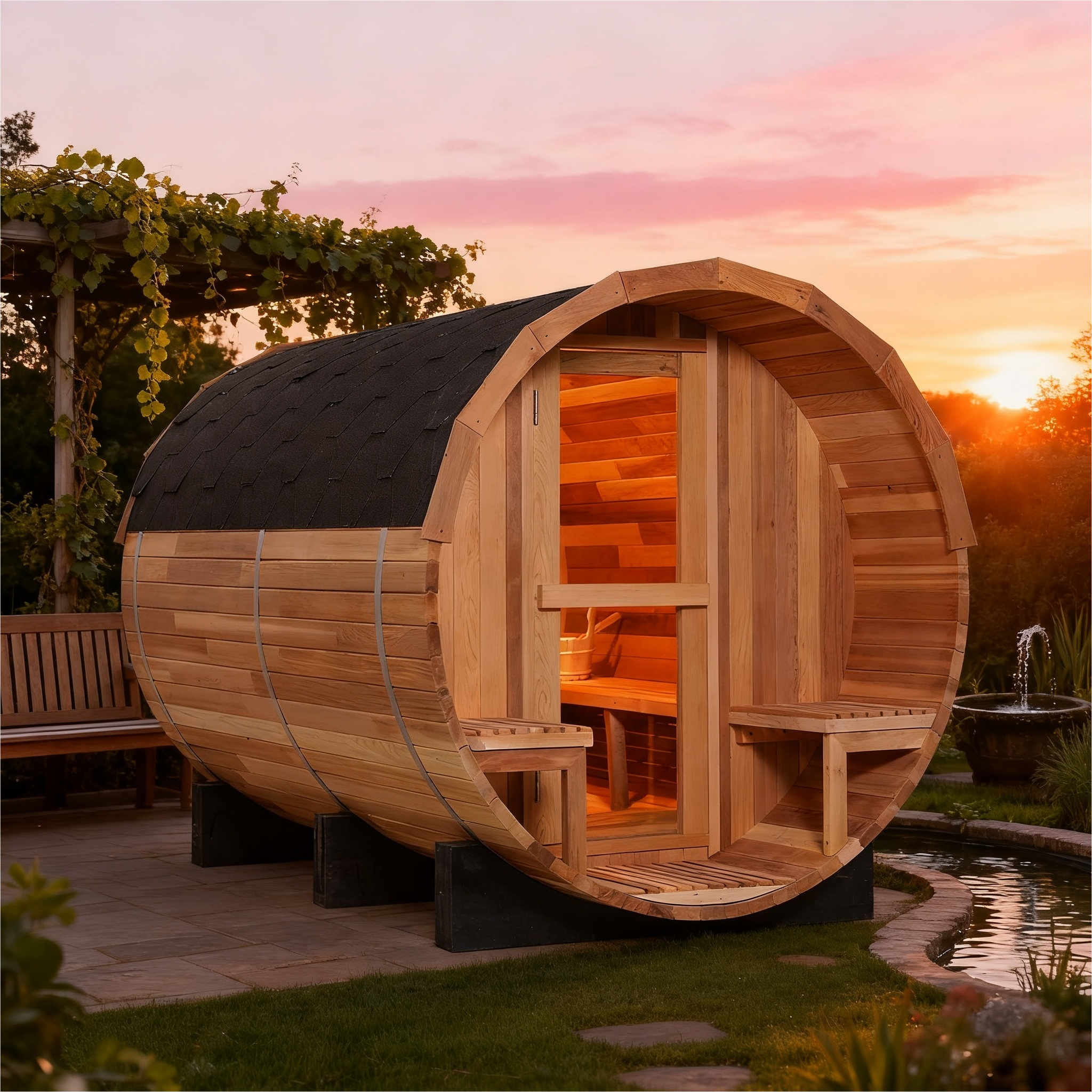 6 Person Outdoor Barrel Sauna with Front Porch, Patchwork Red Cedar Traditional Steam Barrel Sauna Kit with Outdoor Waterproof Tile and More